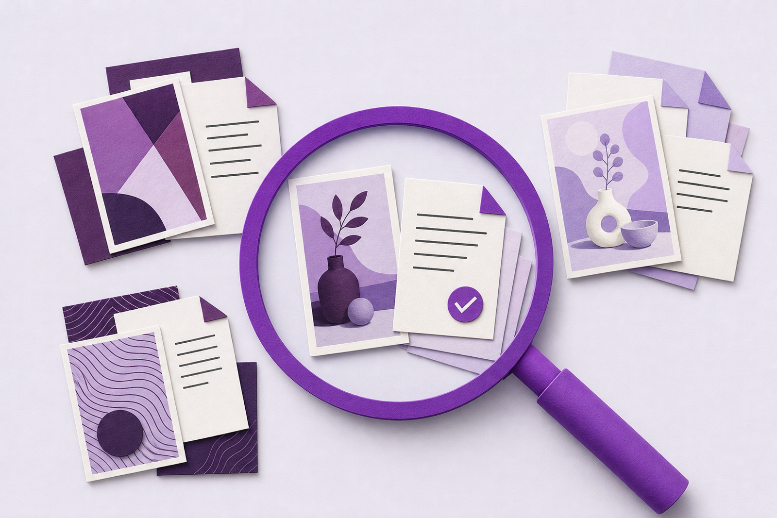 Purple magnifying glass highlights a marketing image and a checked document among separate collections of images and layered files.