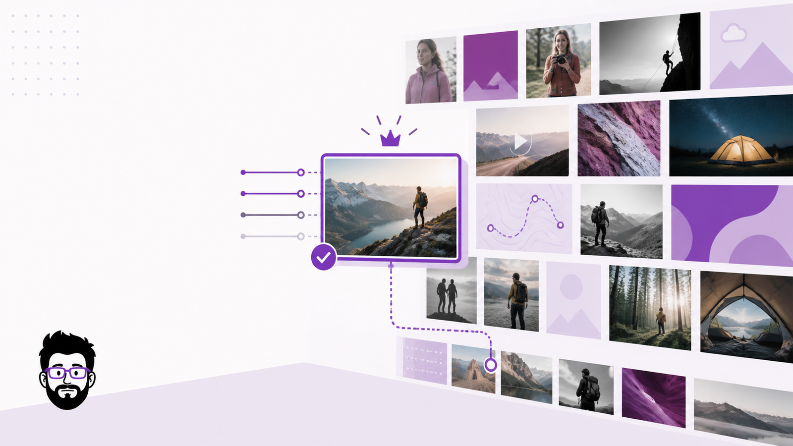 An editorial illustration of a marketer moving from an organized asset library toward a ranked, explained creative recommendation, with Daryl observing the decision path.