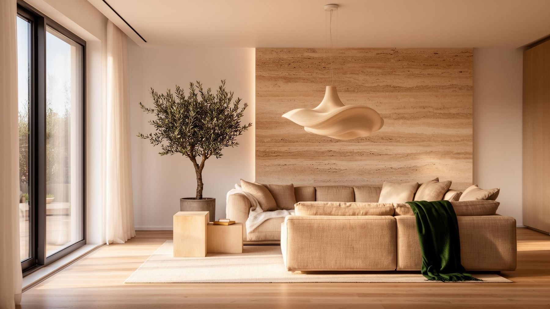 A calm minimalist living room with natural wood and warm autumn light