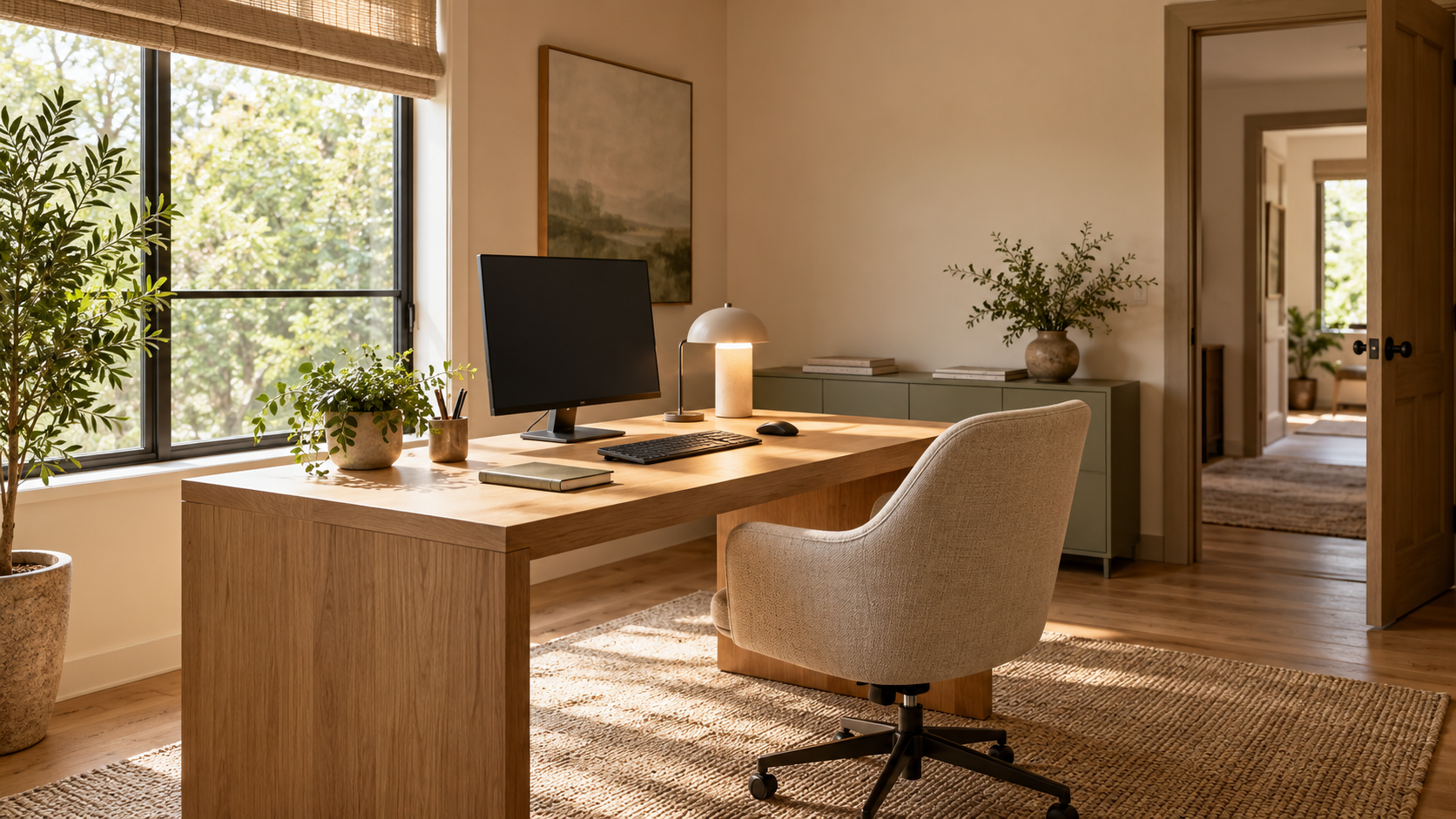 A calm home office with natural light, a clear desk and comfortable room to work.