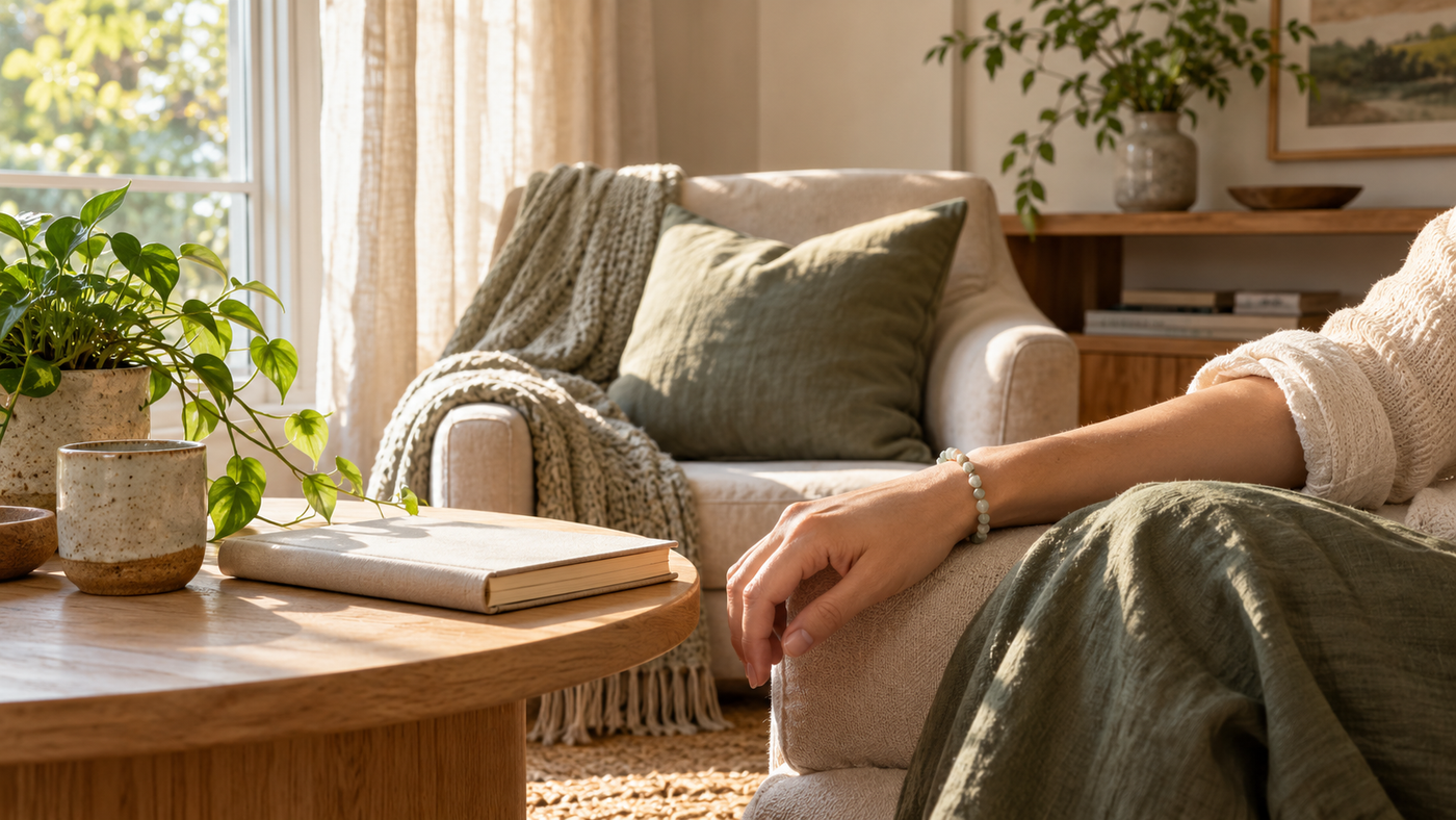 A sunlit reading nook with natural textures and a person wearing a subtle bead bracelet
