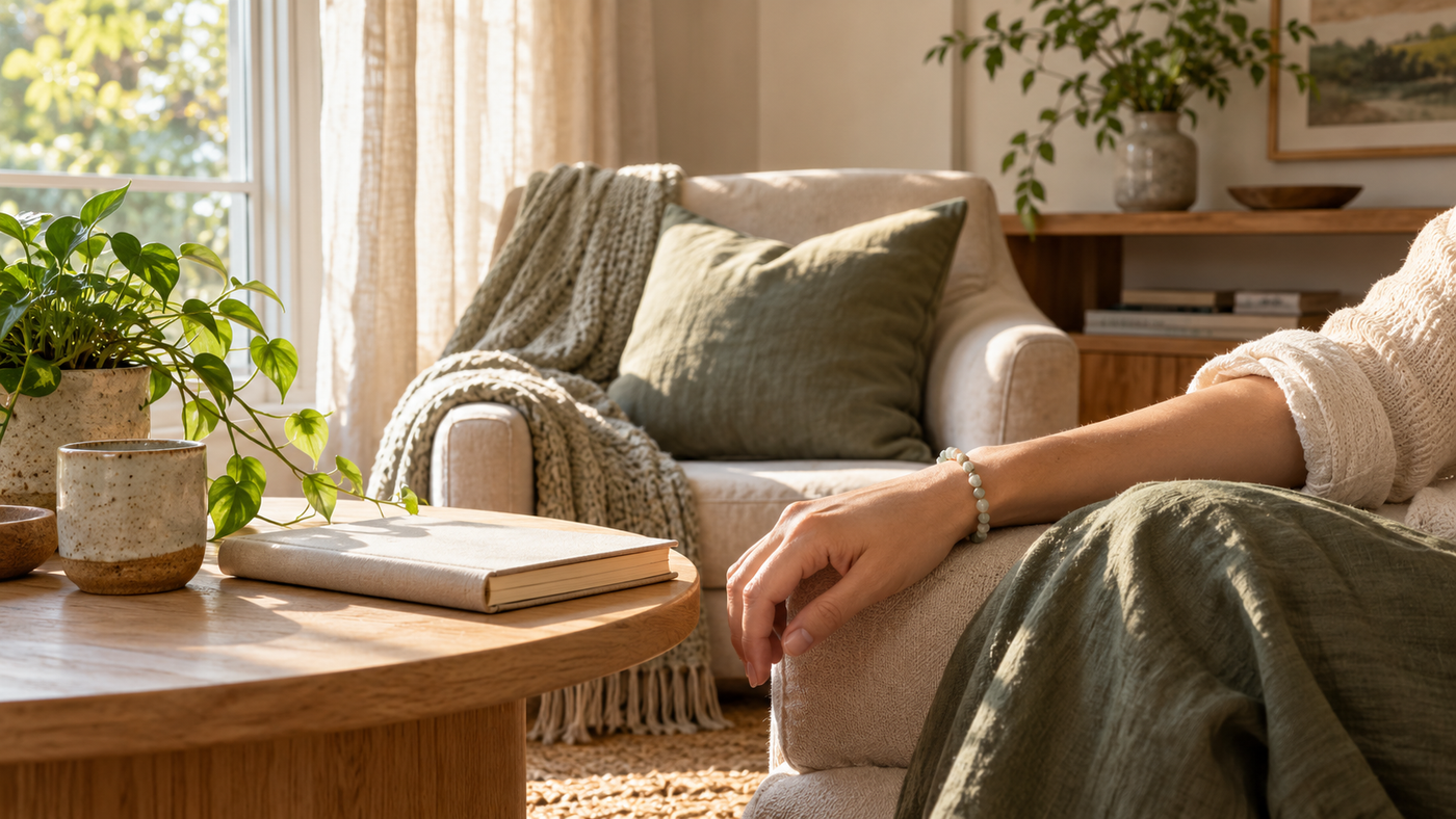 A sunlit reading nook with natural textures and a person wearing a subtle bead bracelet