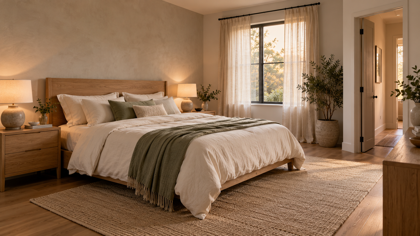 Warm, relaxing bedroom with an oak headboard, soft linen bedding and gentle bedside lighting.