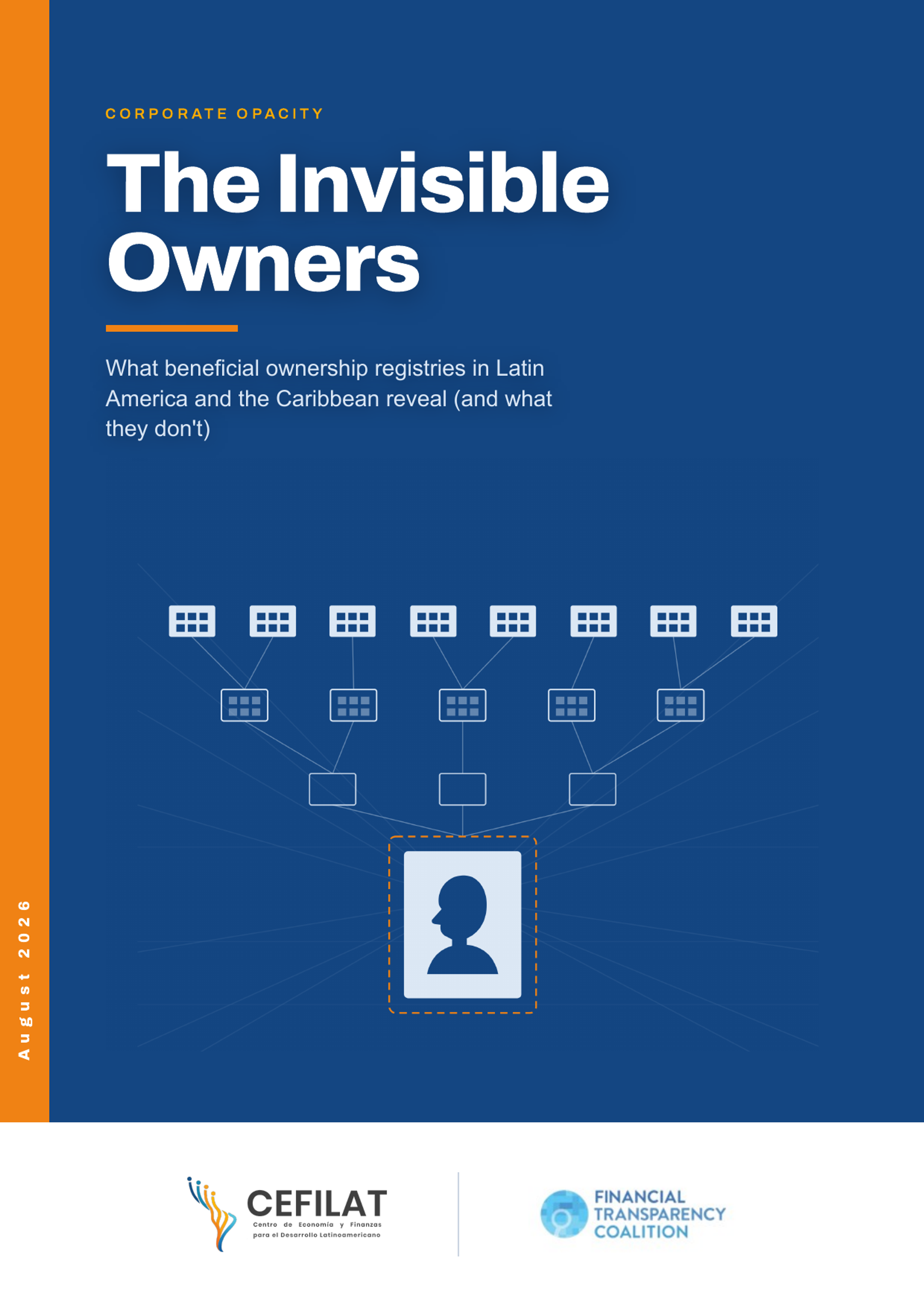 Cover of "The Invisible Owners" (CEFILAT–FTC): chains of companies converging on the silhouette of a person.
