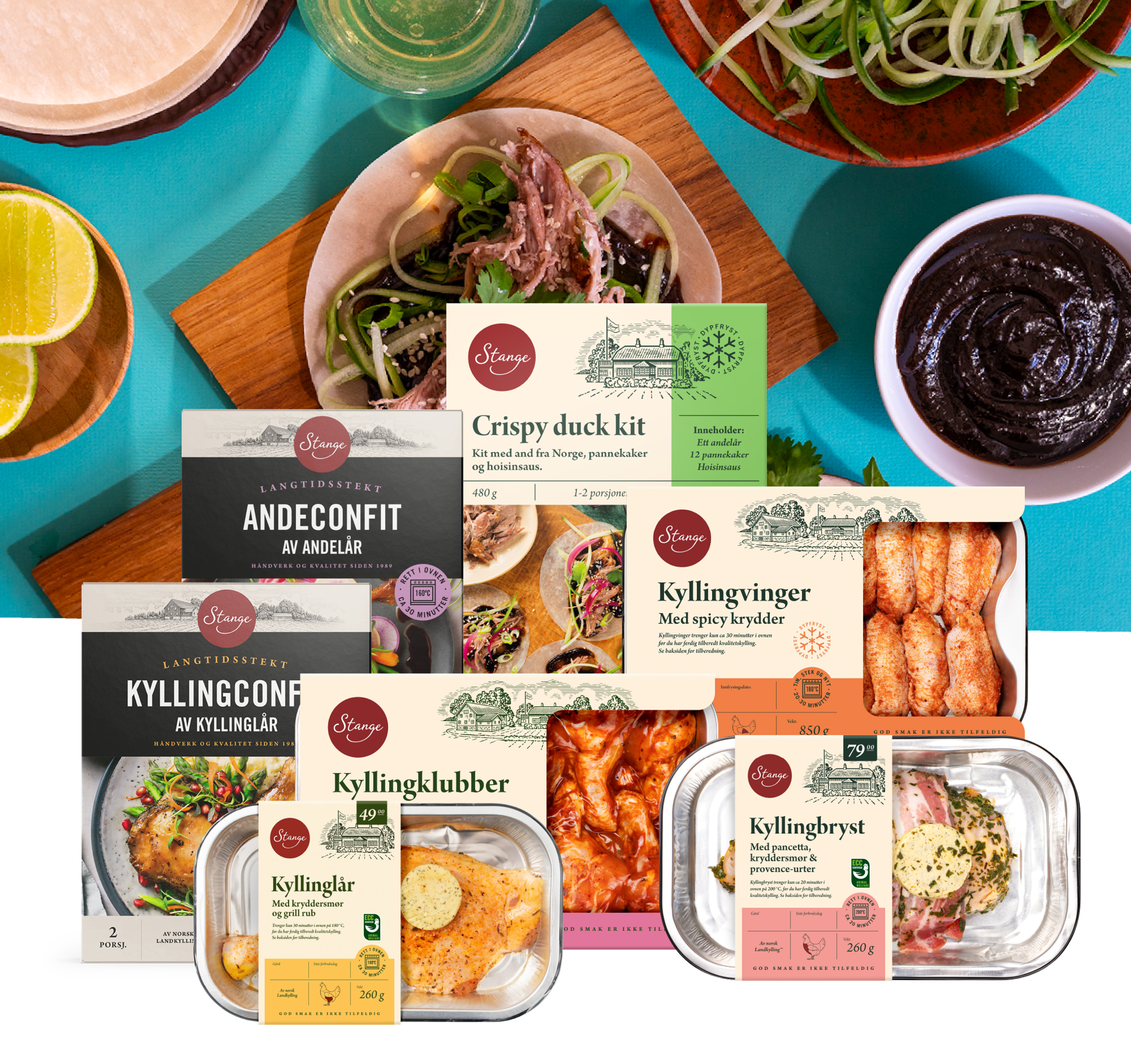 Stange-produkter med andeconfit, kyllingconfit, crispy duck kit, kyllingvinger, kyllingklubber, kyllinglår og kyllingbryst arrangert foran en ferdiglaget wrap med and og grønnsaker.