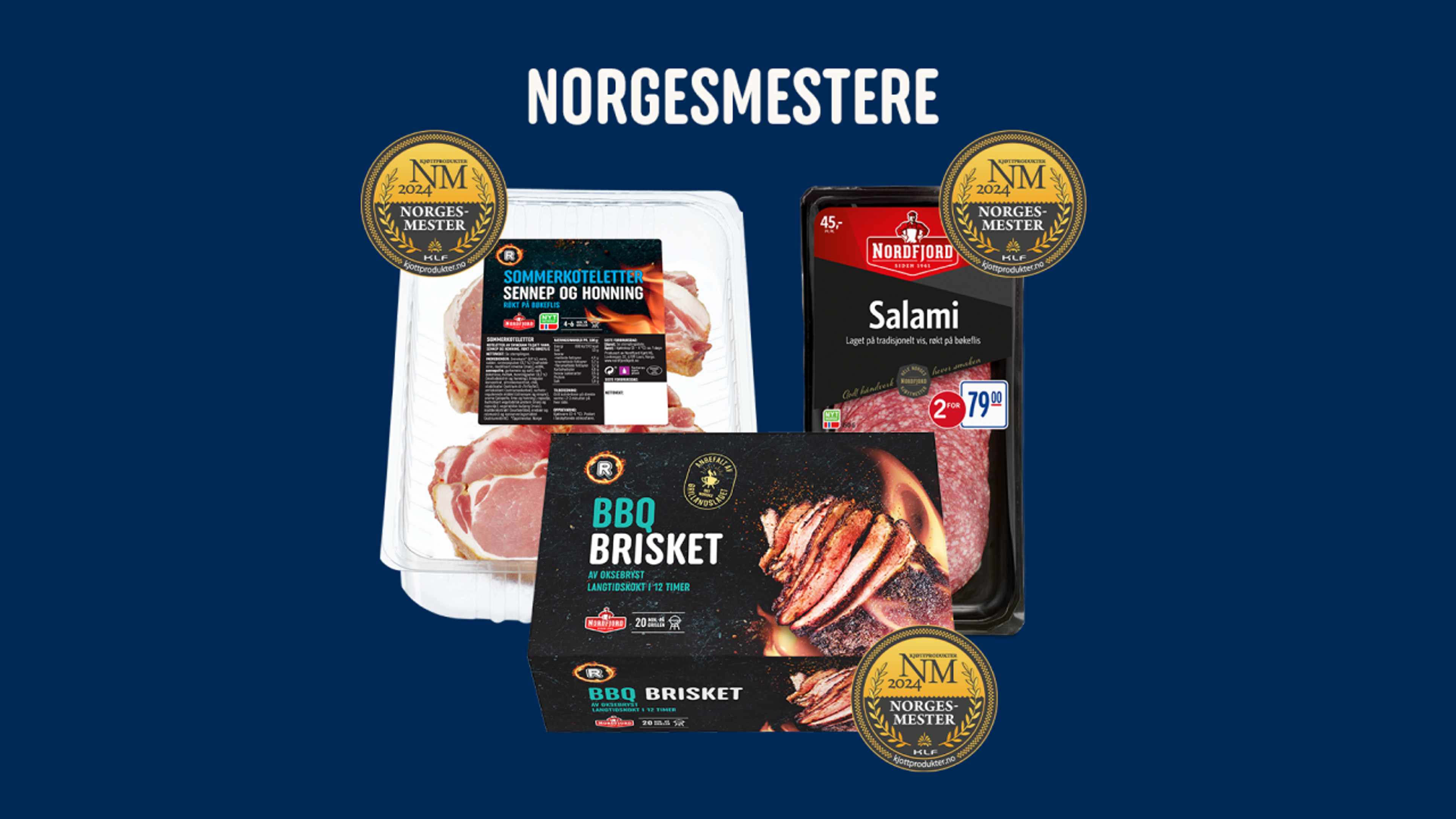 Vi vant Norgesmester i grill svinekjøtt med Sommerkoteletter fra R med sennep&honning, Norgesmester i spekepølse med Salami 150g oppskåret og Norgesmester i grill storfekjøtt med Brisket i sjy langtidskokt fra R.