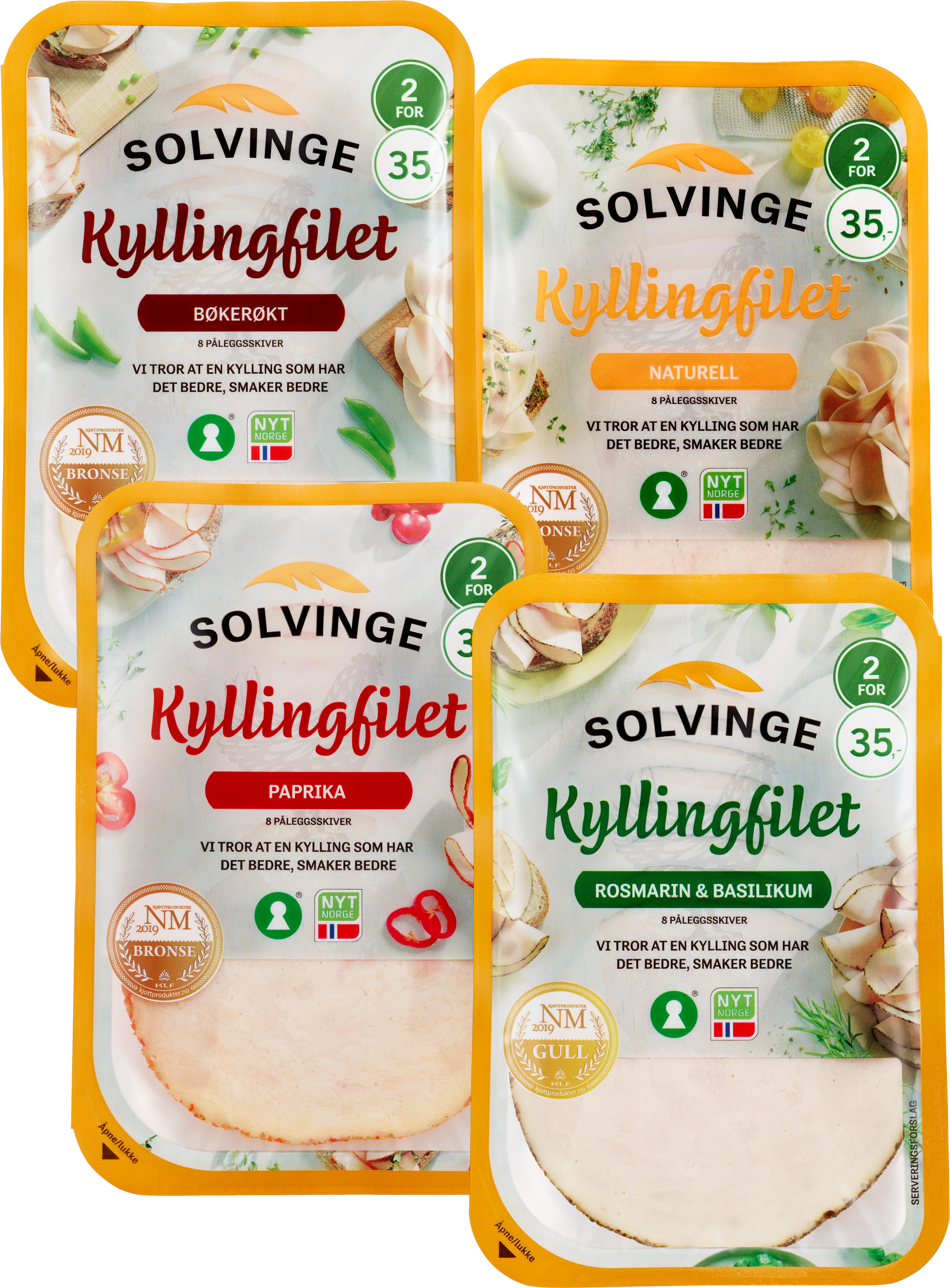 Fire pakker kyllingpålegg fra Solvinge i variantene bøkerøkt, naturell, paprika og rosmarin & basilikum.