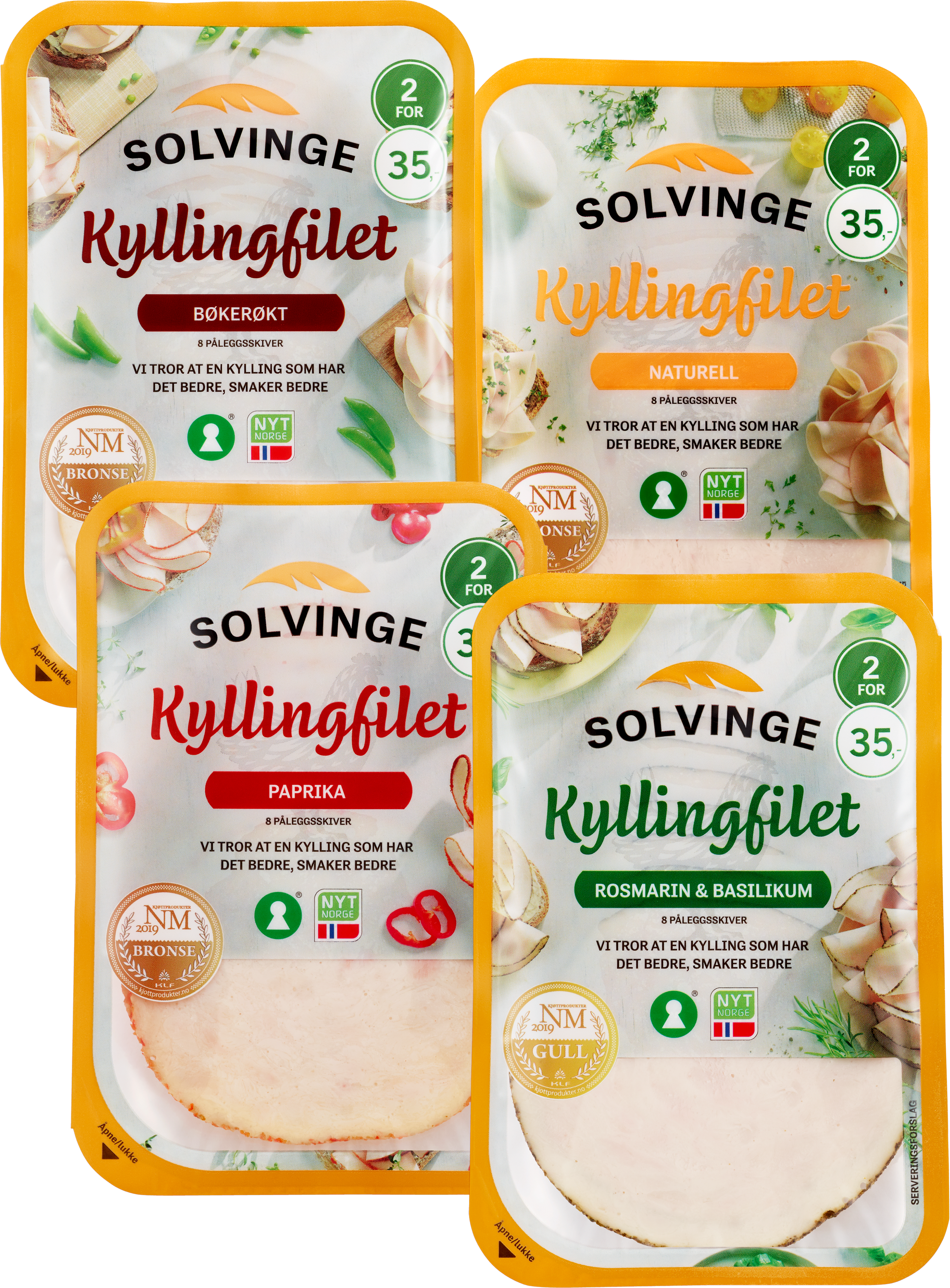 Fire pakker kyllingpålegg fra Solvinge i variantene bøkerøkt, naturell, paprika og rosmarin & basilikum.