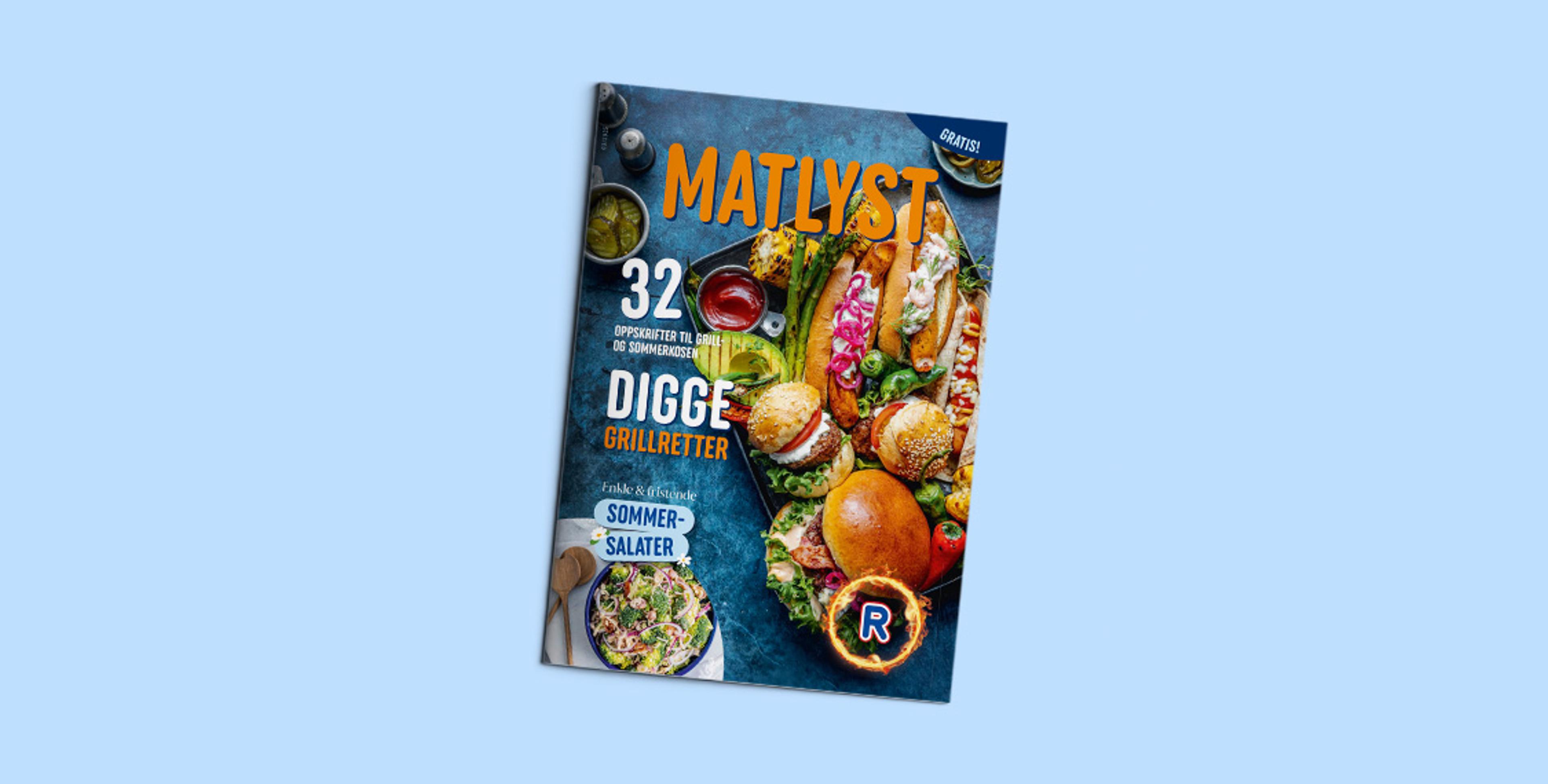 Forsiden av REMA 1000s matmagasin Matlyst med grillmat, burgere, pølser og sommersalater. Tekst på forsiden fremhever 32 oppskrifter til grill- og sommersesongen.