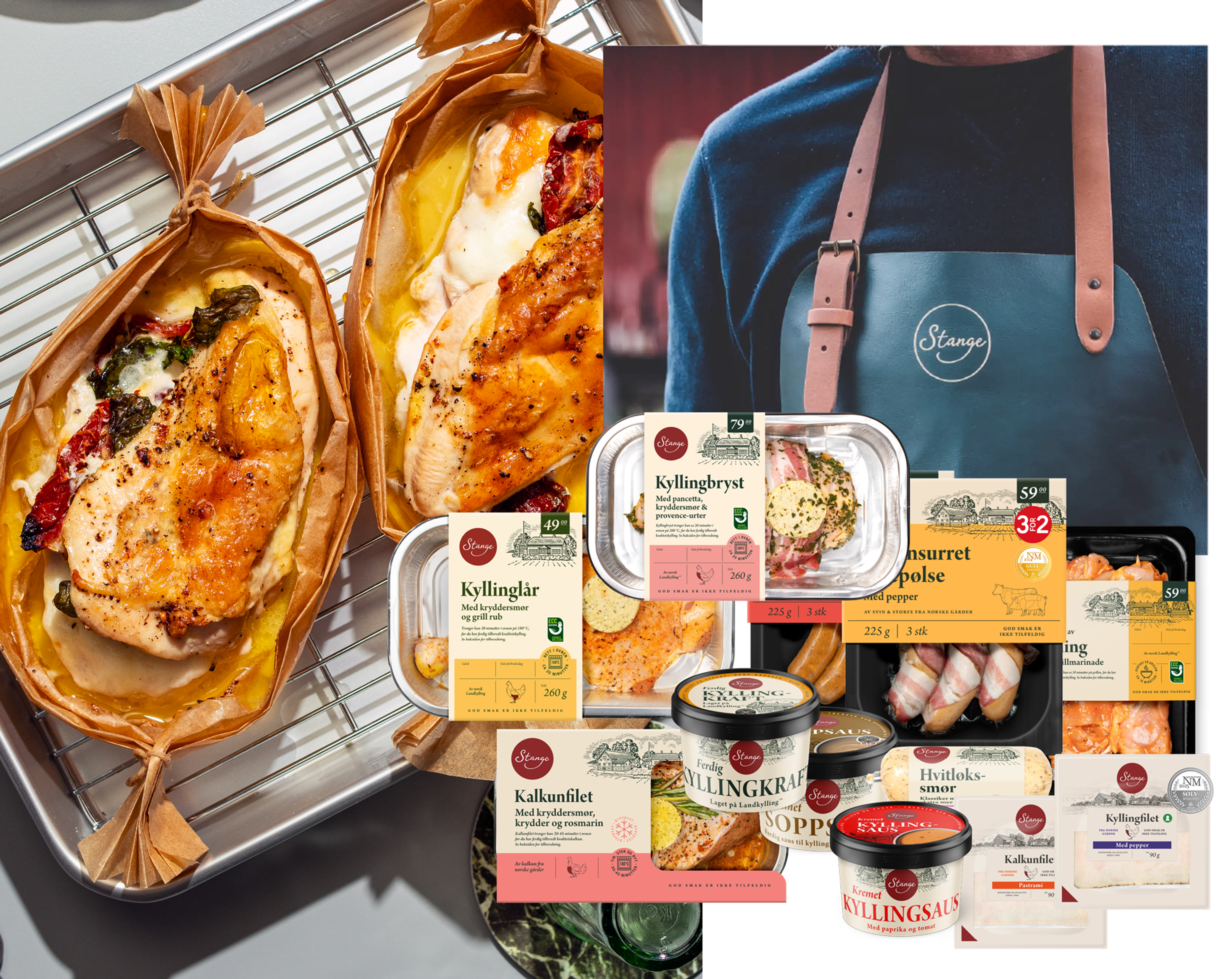 Stange-produkter med kylling, kalkun, pølser, sauser og kyllingkraft foran ferdig tilberedt kylling i bakepapir.