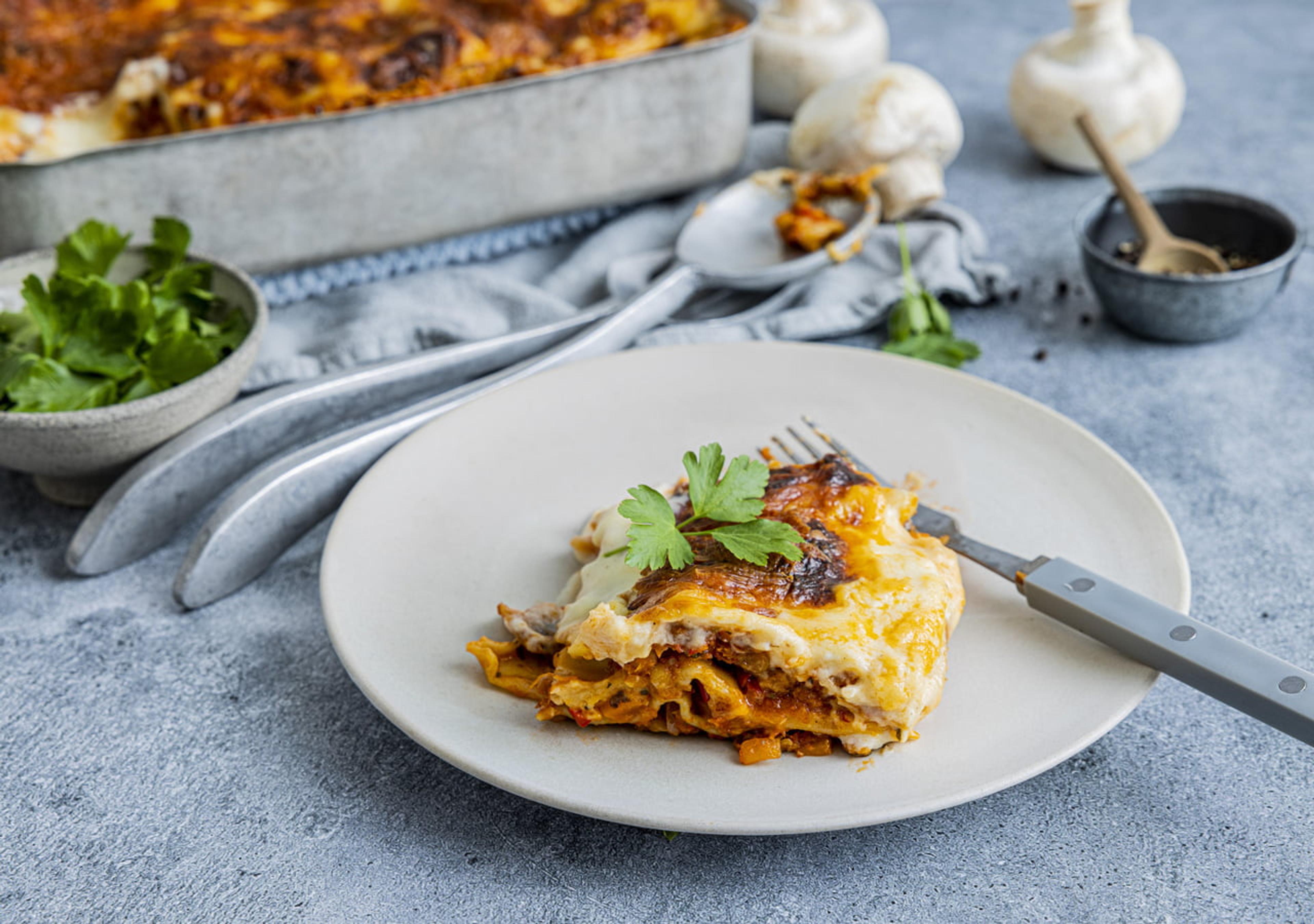 Vegetarlasagne med sopp og linser