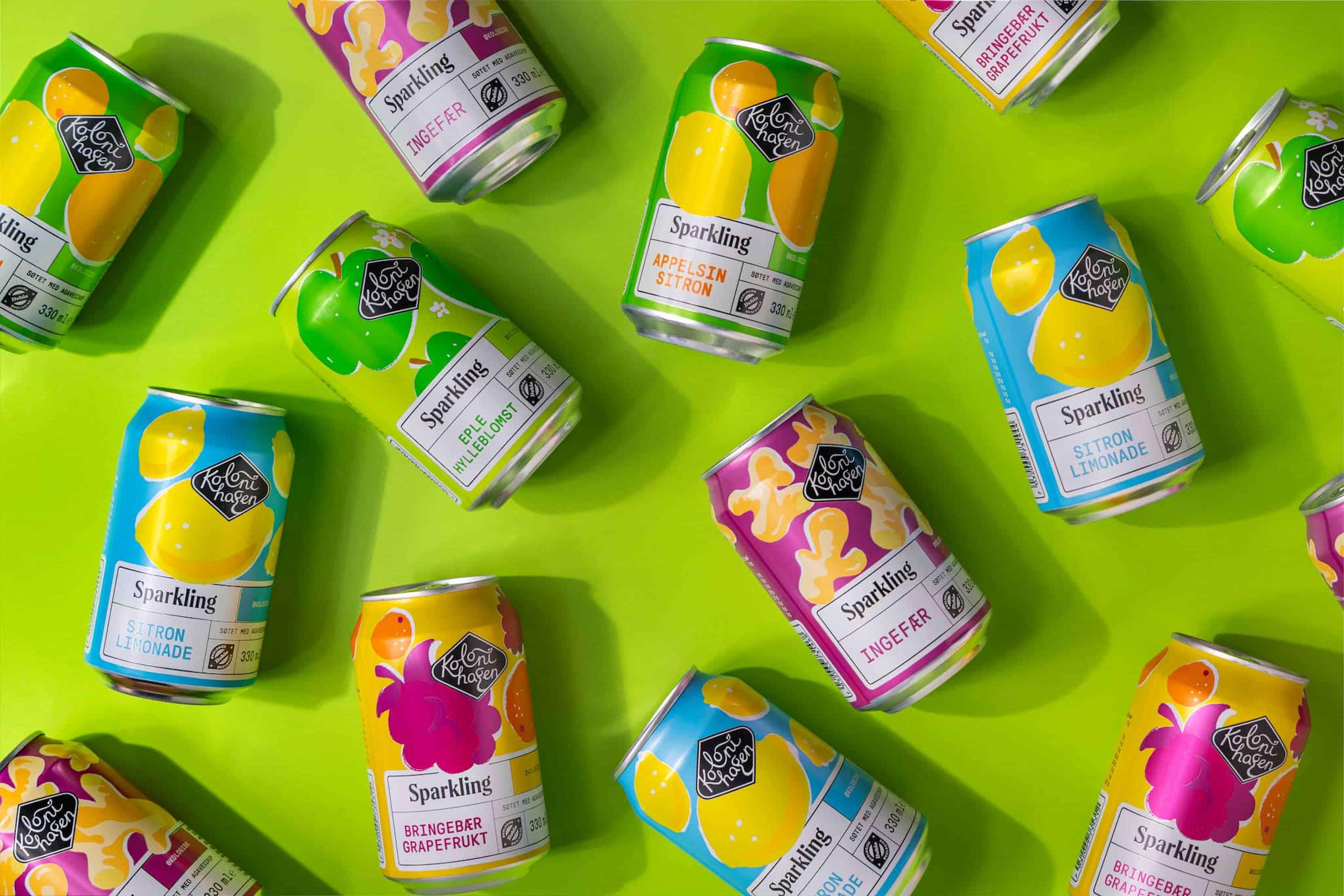 Kolonihagen sparkling; eple & hylleblomst, ingefær, bringebær & grapefrukt, sitron & limonade, appelsin & sitron