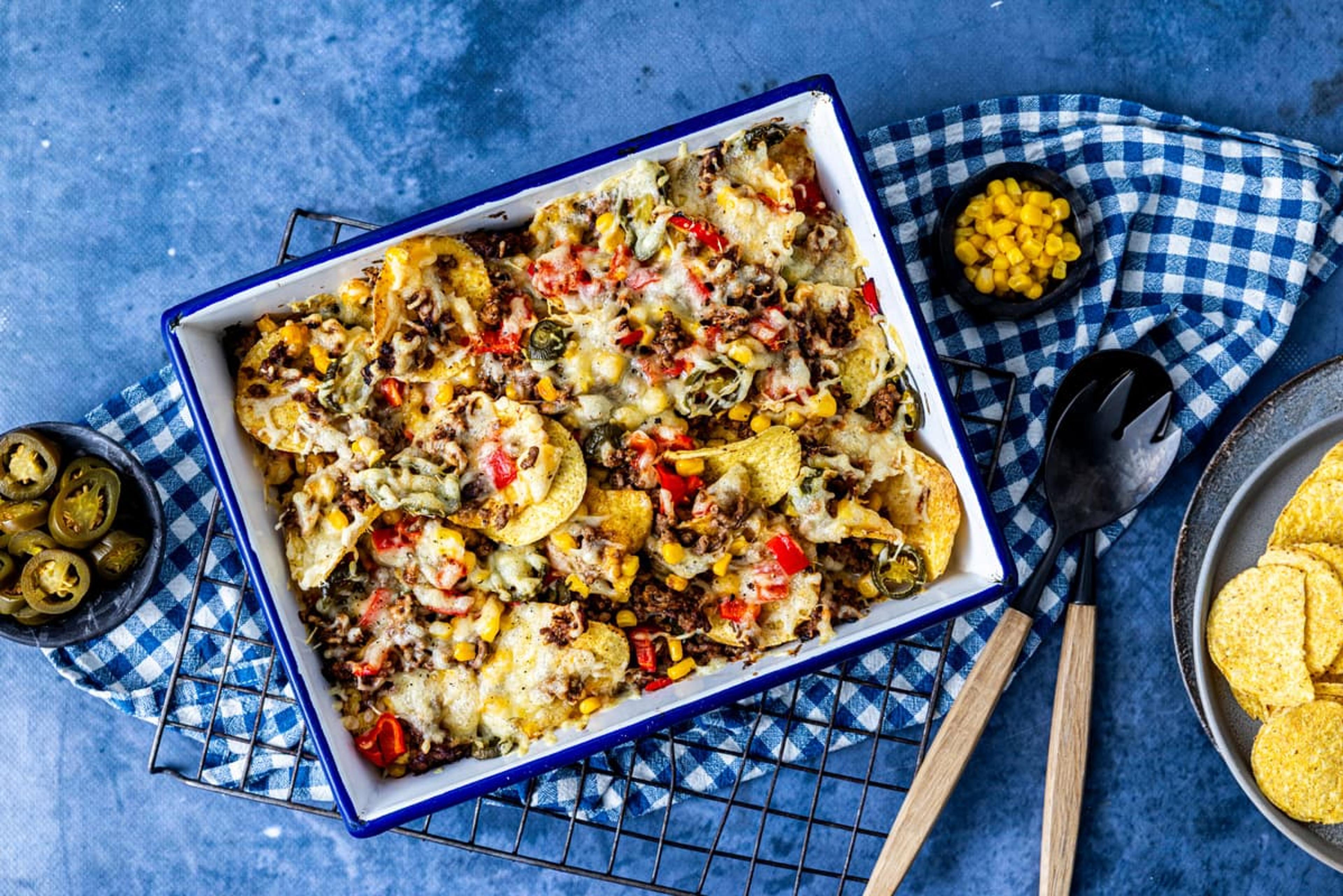 Nachos med kjøttdeig, paprika og mais