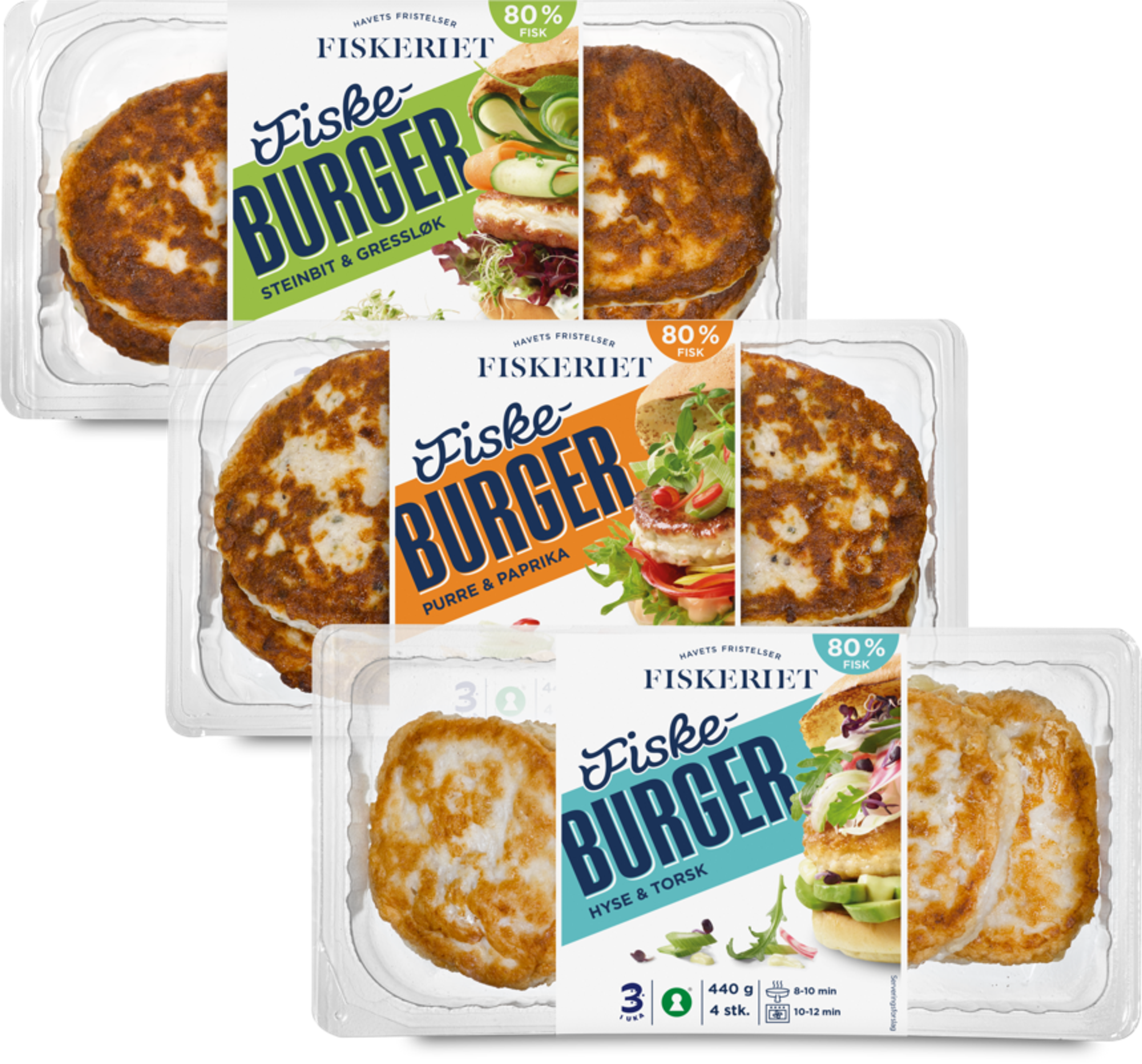 Tre forksjellige pakninger med fiske burger; hyse & torsk, purre & paprika 