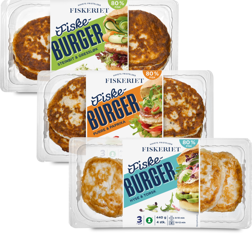 Tre forksjellige pakninger med fiske burger; hyse & torsk, purre & paprika