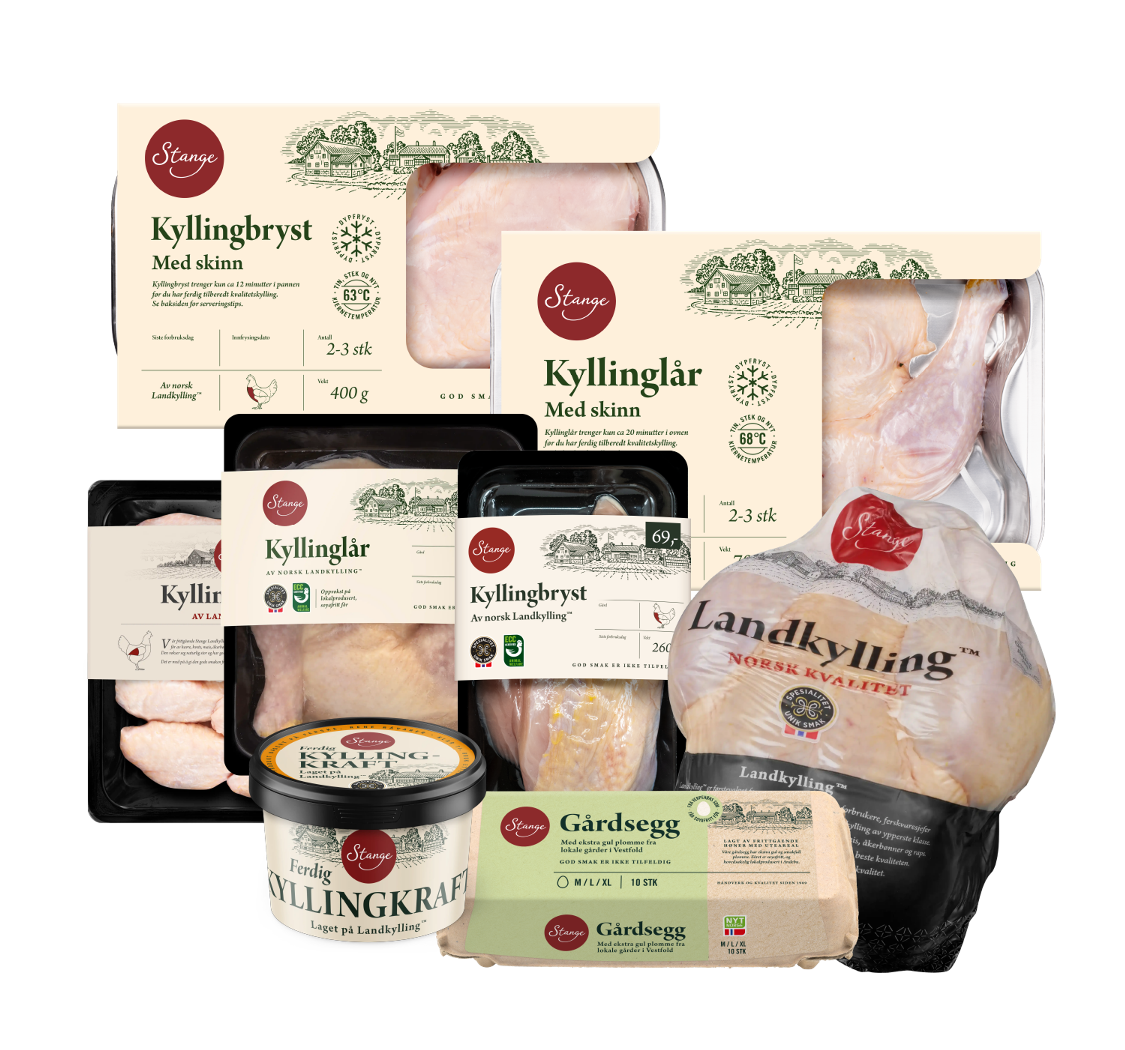 Stange-produkter med hel kylling, kyllingbryst, kyllinglår, kyllingkraft og gårdsegg.