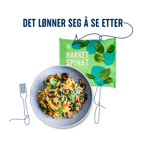 Pakke med hakket spinat ved siden av en tallerken med kremet pastarett toppet med sopp og spinat. Teksten «Det lønner seg å se etter» vises over produktet på mørk bakgrunn.