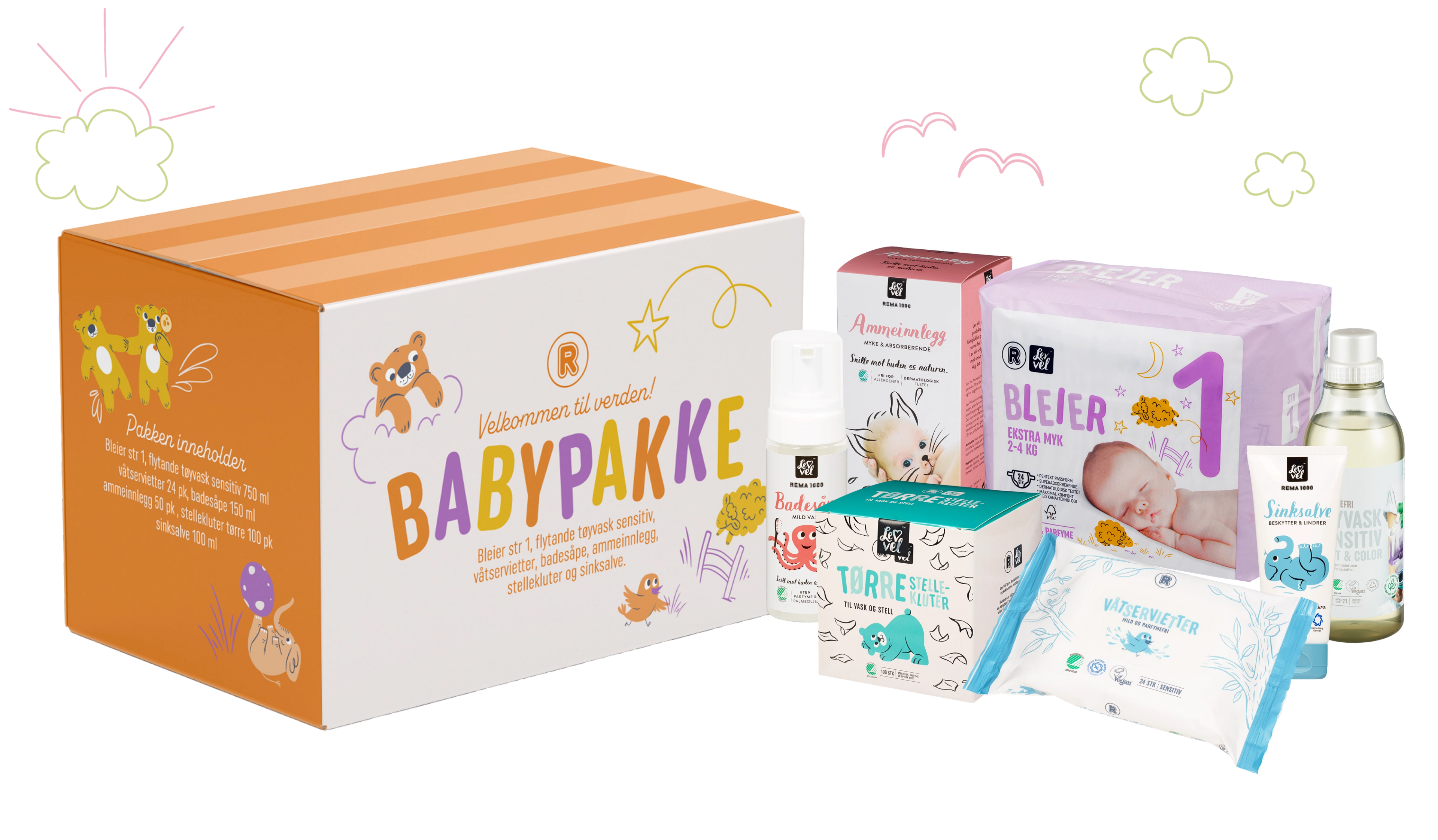 Babypakke fra REMA 1000 med bleier, våtservietter, ammeinnlegg, badesåpe, sinksalve, stellekluter og sensitiv vask. Produktene er samlet ved siden av en eske merket «Babypakke» med illustrasjoner i pastellfarger.
