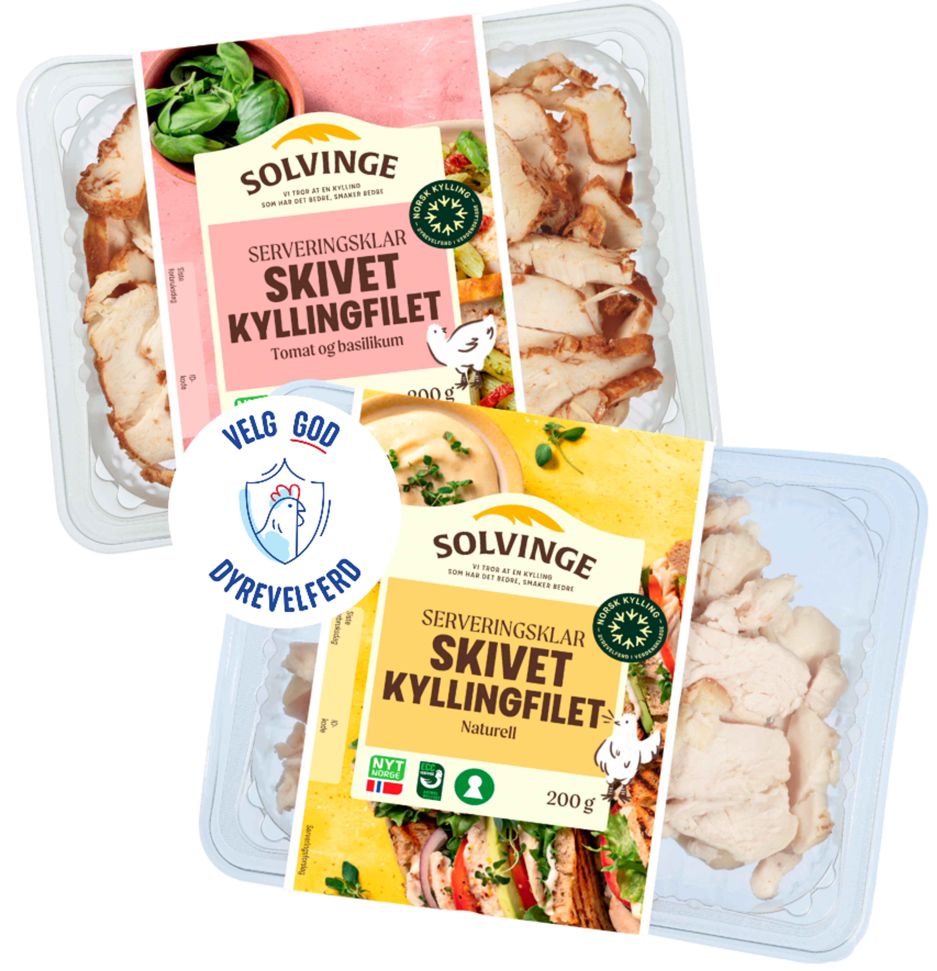 To pakker skivet kyllingfilet fra Solvinge, i variantene naturell og tomat og basilikum. Produktene er merket med «Velg God Dyrevelferd».