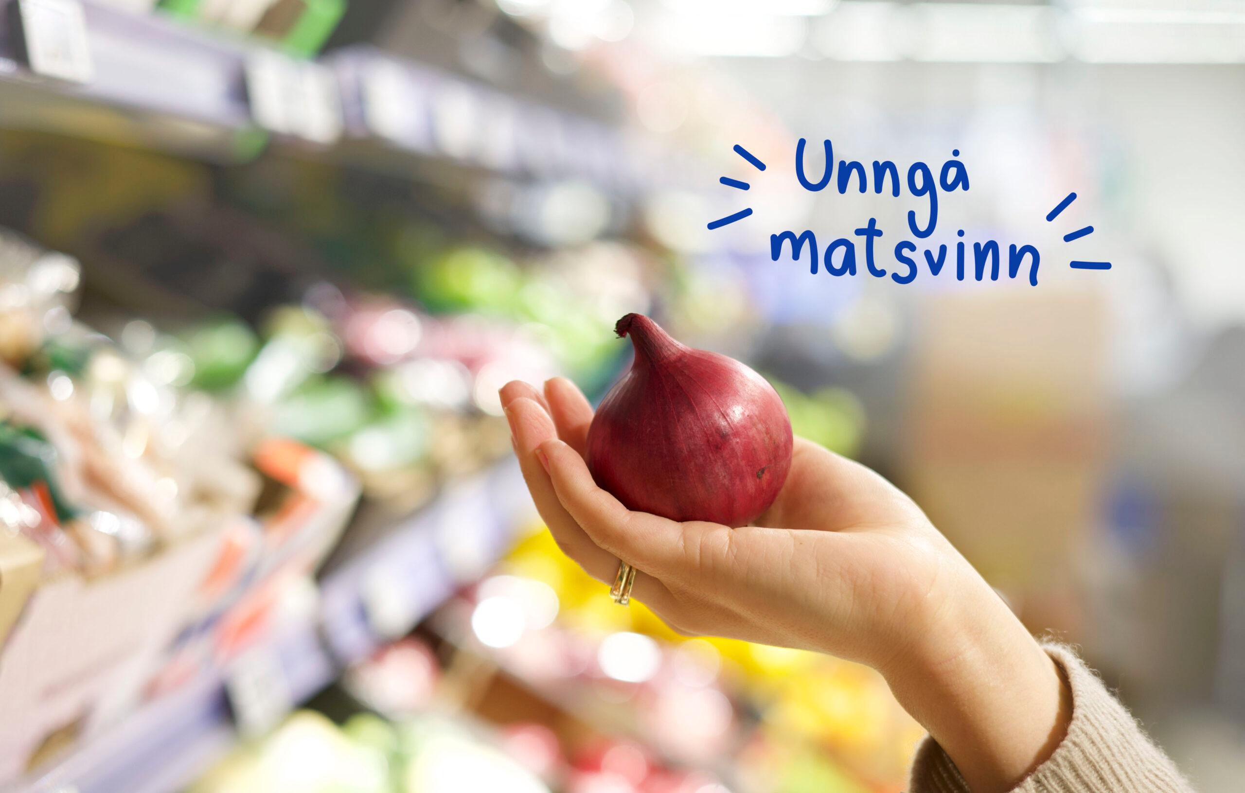 løsvekt i form av en løk i hånd med grafikk "unngå matsvinn"