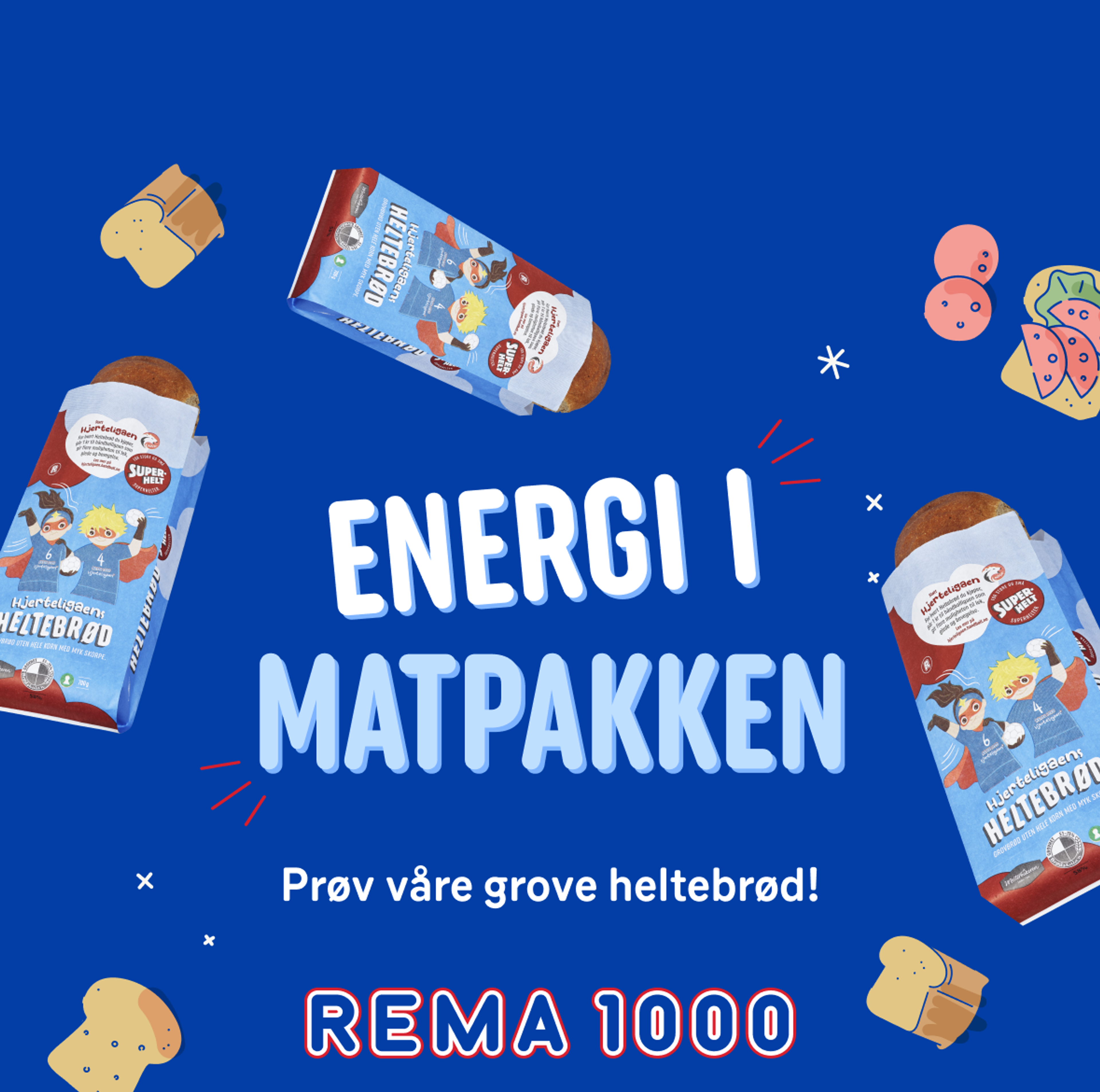 Reklame for Hjerteligaens heltebrød fra REMA 1000. Flere brødposer vises mot blå bakgrunn med teksten «Energi i matpakken» og «Prøv våre grove heltebrød!». Illustrasjoner av brødskiver og pålegg er plassert rundt produktene.
