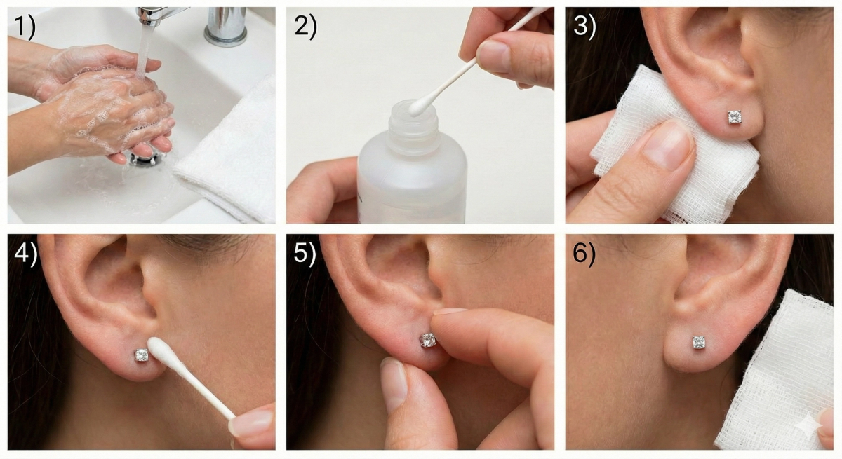 Kolaż sześciu zdjęć przedstawiających instrukcję czyszczenia przekłucia ucha krok po kroku. 1) Mycie rąk wodą z mydłem. 2) Zanurzanie patyczka higienicznego w płynie dezynfekującym. 3) Przykładanie nasączonej gazy do płatka ucha z małym kolczykiem sztyftem. 4) Czyszczenie okolicy kolczyka nasączonym patyczkiem. 5) Delikatne poruszanie kolczykiem w uchu. 6) Osuszanie ucha i kolczyka suchą gazą.