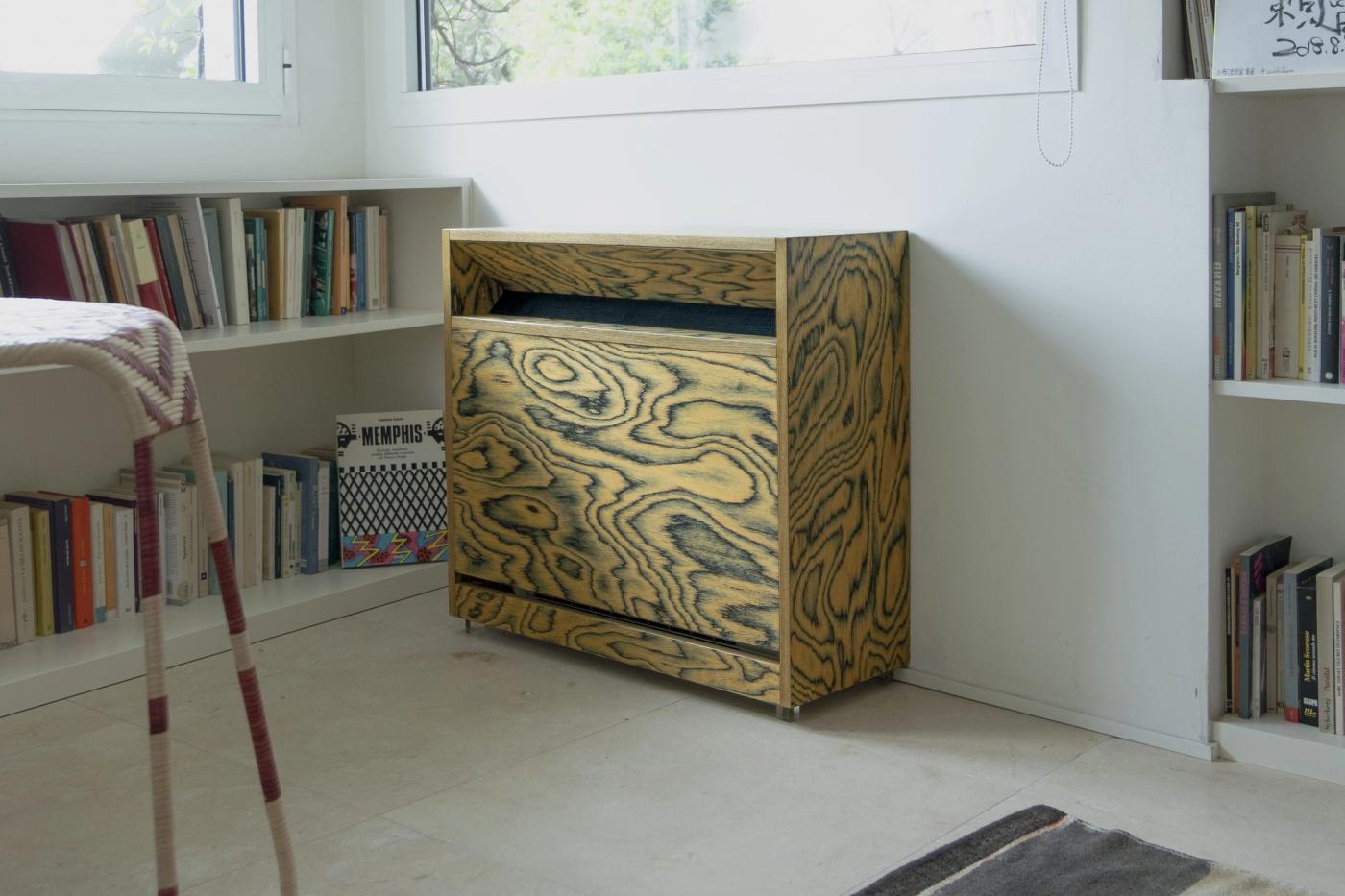 Cassettiera in legno con venatura decorativa in camera da letto moderna con librerie.