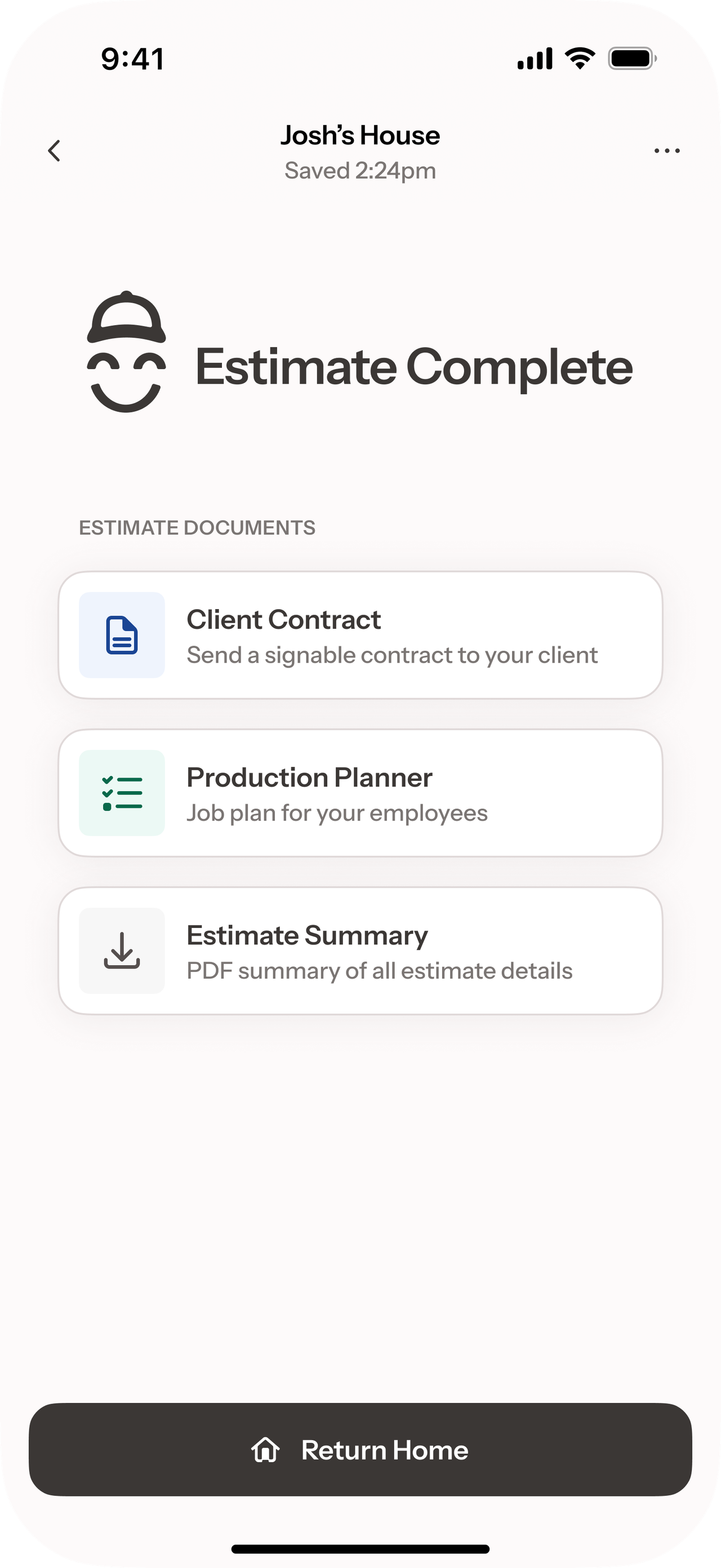 The 'Estimate Complete' screen from the 2026 redesign.