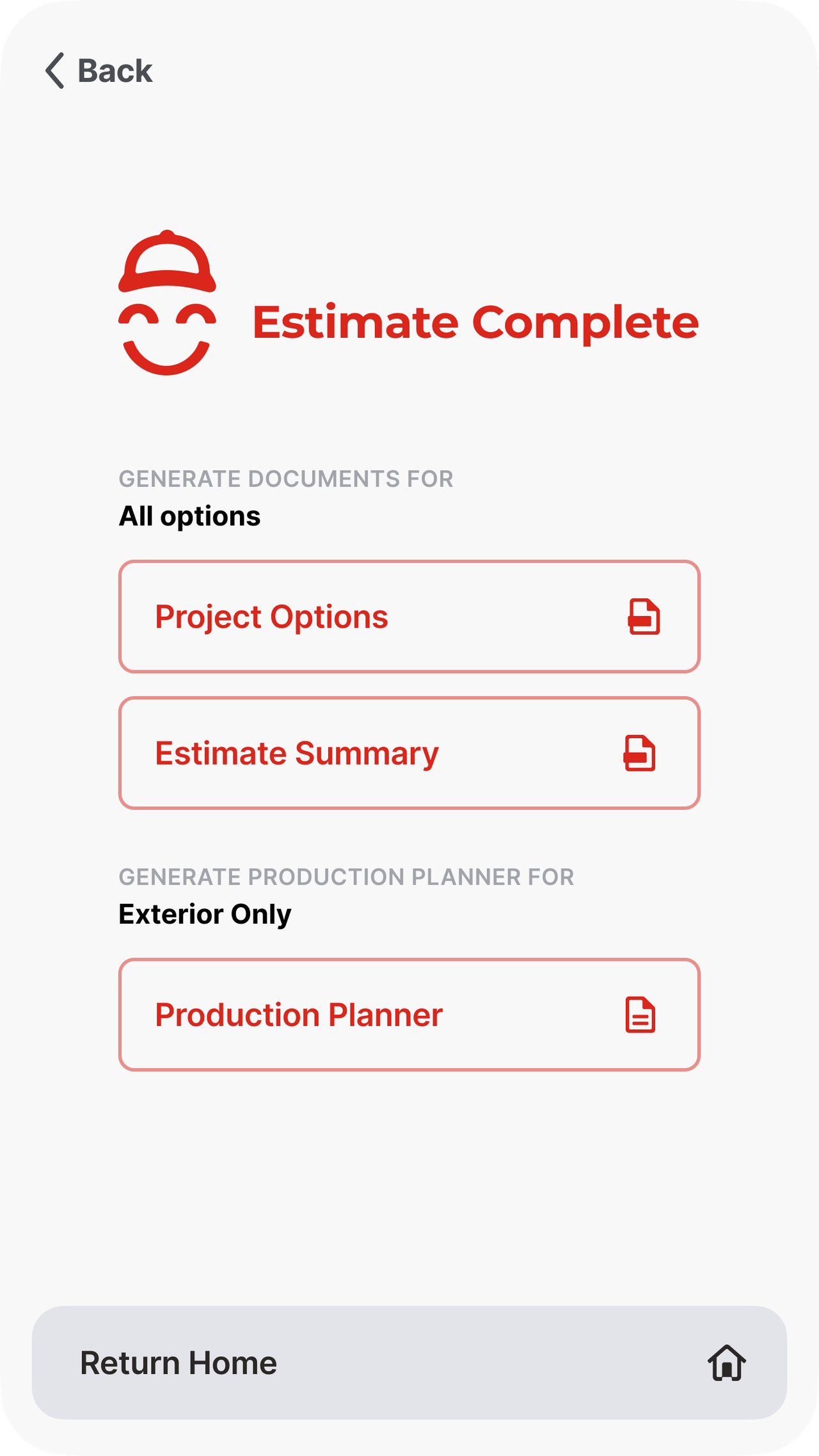 Estimate complete screen from the original 2021 app design.