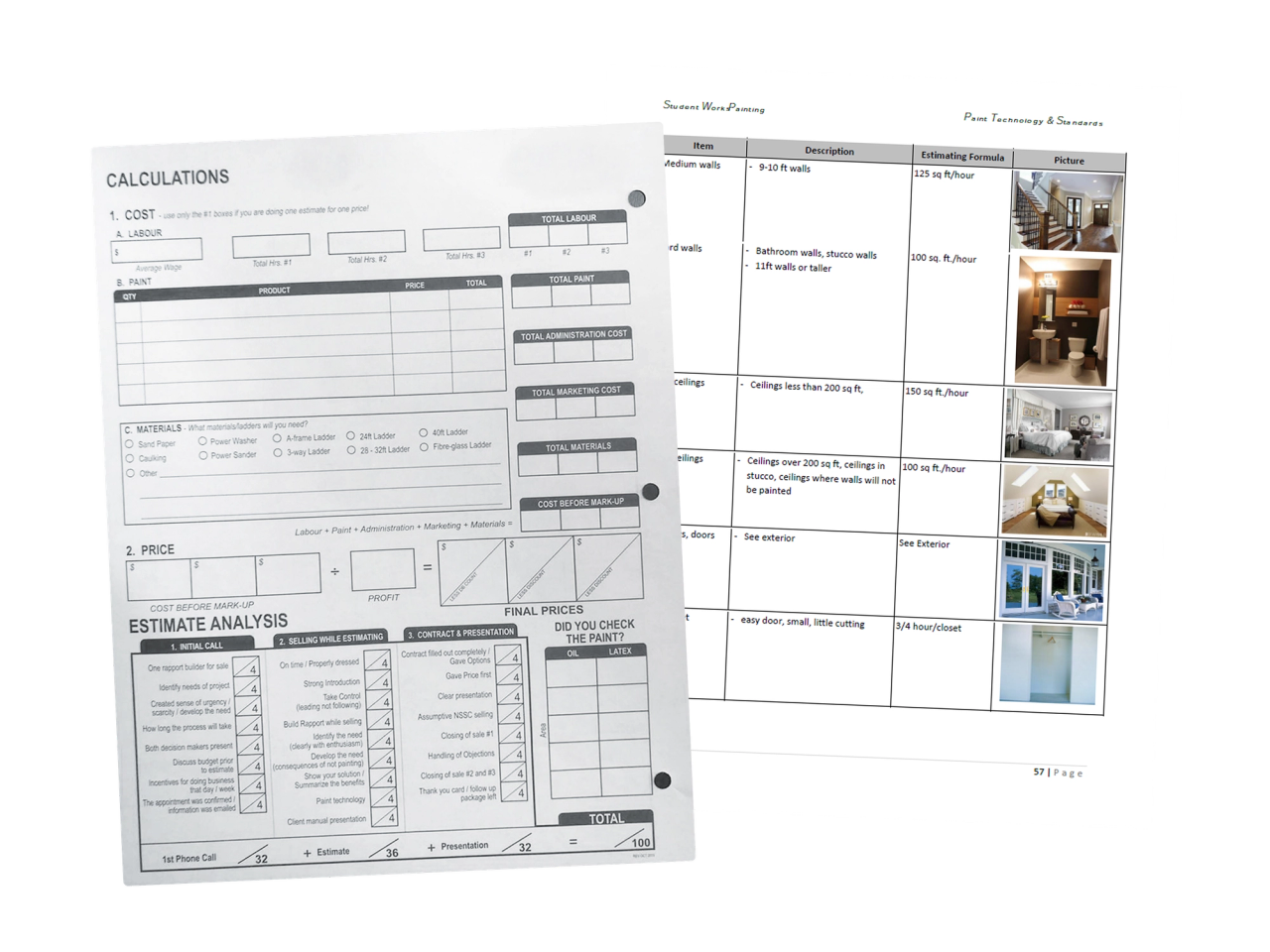 The estimate calculation form and a page from the standards book used to calculate job cost.