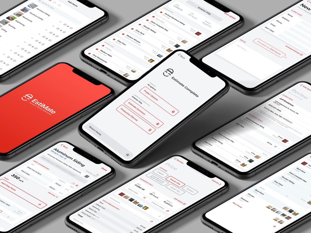 An array of phone screens showing the original (2021) EstiMate app designs