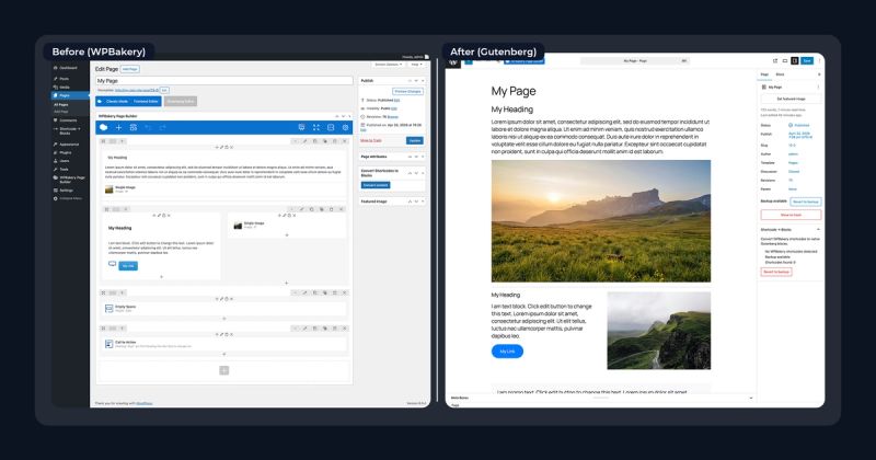 side by side comparison of a wpbakery page vs block editor