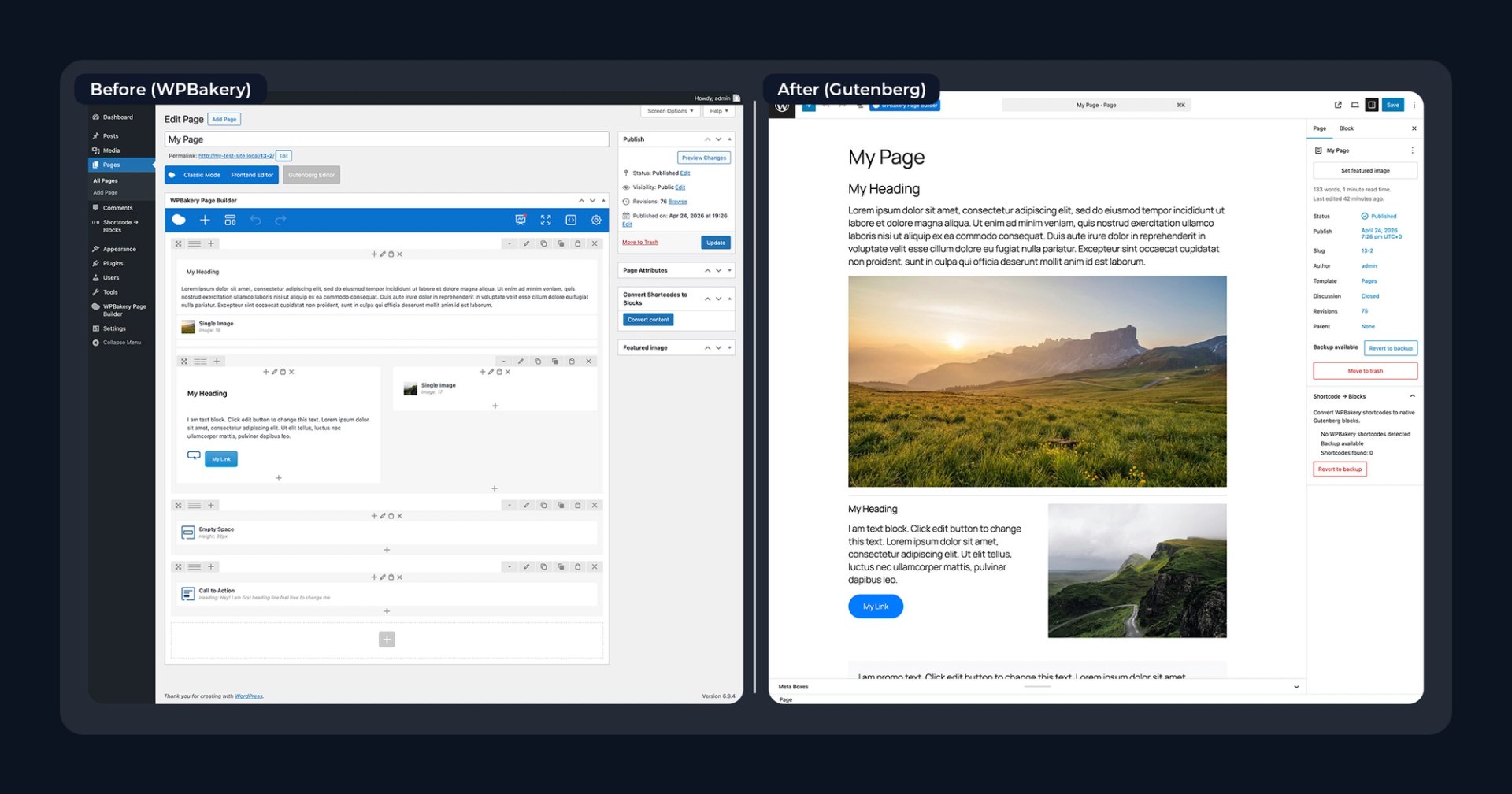 side by side comparison of a wpbakery page vs block editor