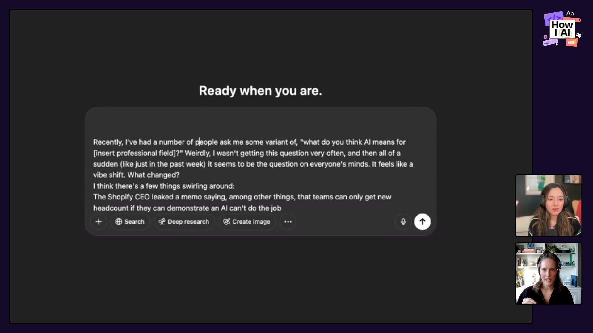 A speaker prepares to prompt an AI with a draft exploring the impact of AI on various professional fields, as seen within an AI chat interface featuring search and content generation capabilities.