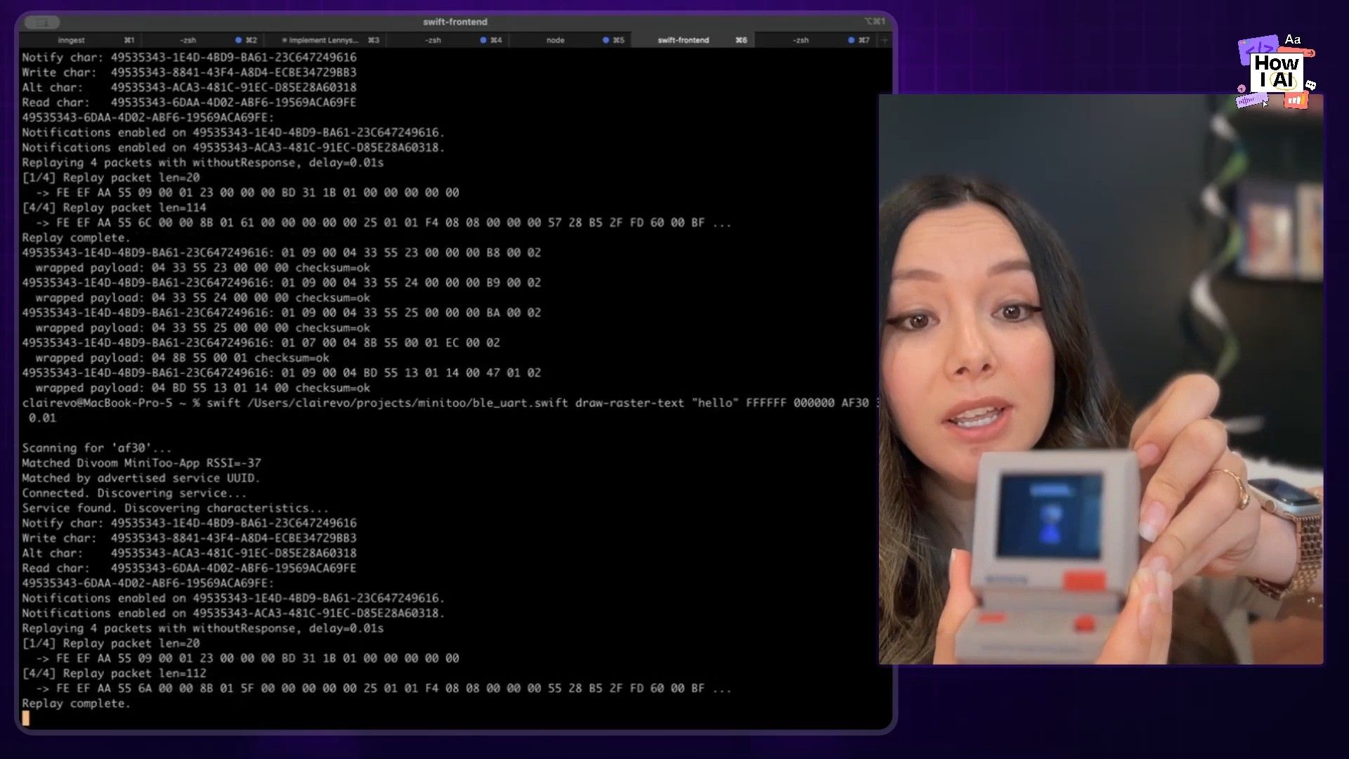A technical demonstration showing BLE communication with a Divoom MiniToo device, with a Swift command executed in the terminal to program its display.