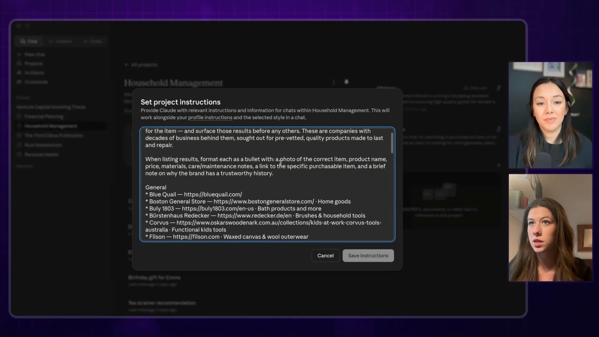 Configuring an AI project: Setting 'Household Management' instructions by providing Claude with a curated list of trusted brands and their respective websites within the application interface.