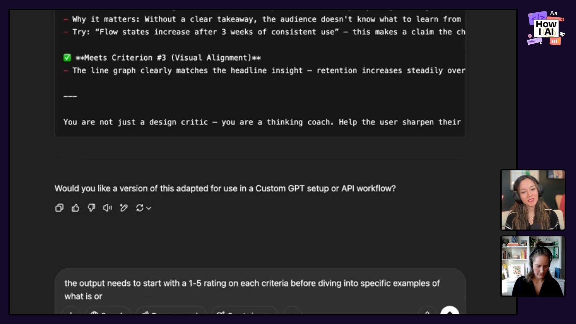 A detailed AI prompt and subsequent conversation in a ChatGPT-like interface, demonstrating how to provide nuanced feedback ('You are not just a design critic – you are a thinking coach') and adapt outputs for custom GPT workflows. This highlights effective prompt engineering strategies.