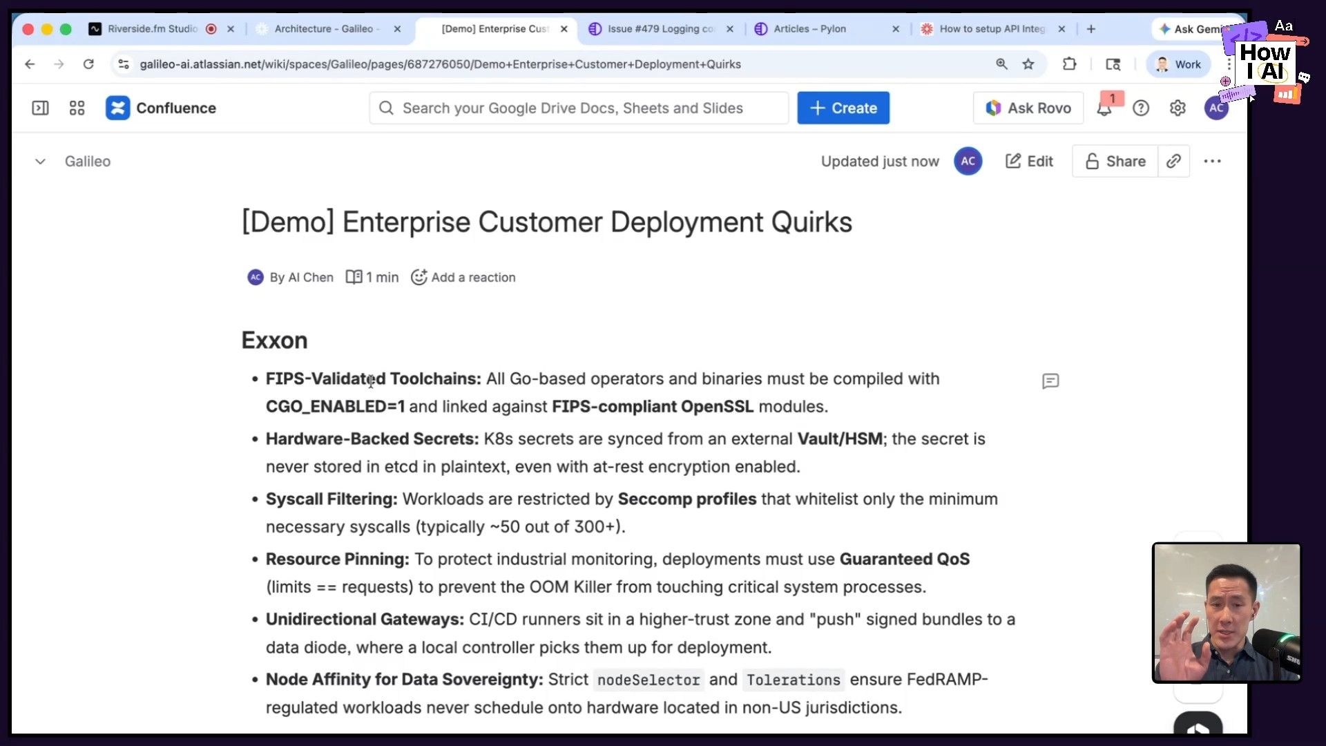A Confluence page outlining specific technical 'Enterprise Customer Deployment Quirks' for Exxon, detailing configurations like FIPS-validated toolchains, K8s secrets, Seccomp profiles, and node affinity.