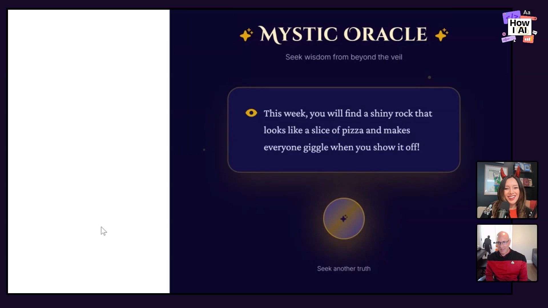 A developer's screen showcases an AI-powered 'Mystic Oracle' web app. The left pane reveals prompts instructing the AI to generate 'kid friendly' and 'humorous' fortunes, while the right displays the app's output: 'This week, you will find a shiny rock that looks like a slice of pizza and makes everyone giggle when you show it off!'.