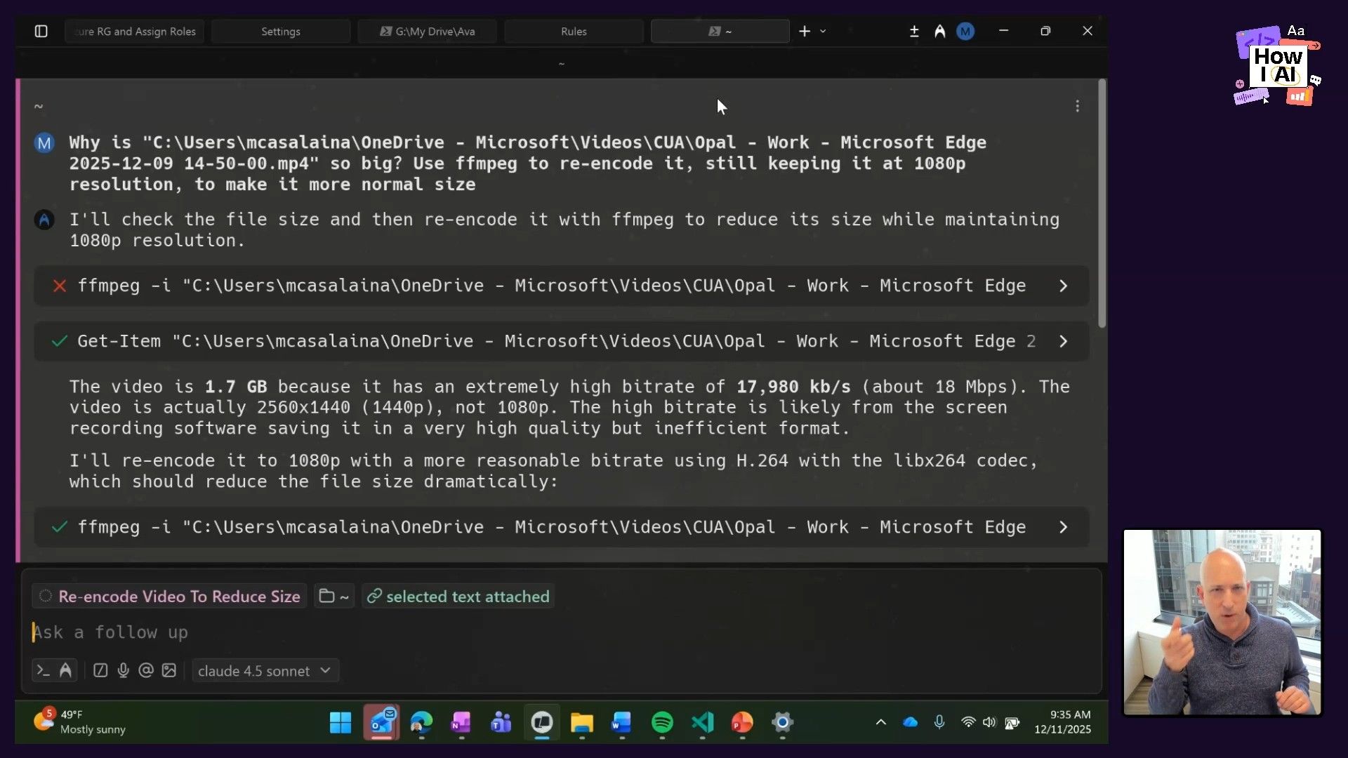 An AI assistant in a terminal environment analyzes a large video file, identifies its inefficient encoding, and provides specific FFmpeg commands to re-encode it to a smaller, more manageable 1080p file.