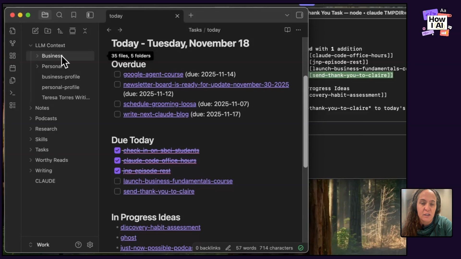A screenshot of the Obsidian application in dark mode, showing a well-organized 'LLM Context' file structure alongside a daily task list for November 18. A terminal-like snippet with 'TMPDIR=' is partially visible on the right, indicating potential CLI integration or configuration within the workflow.
