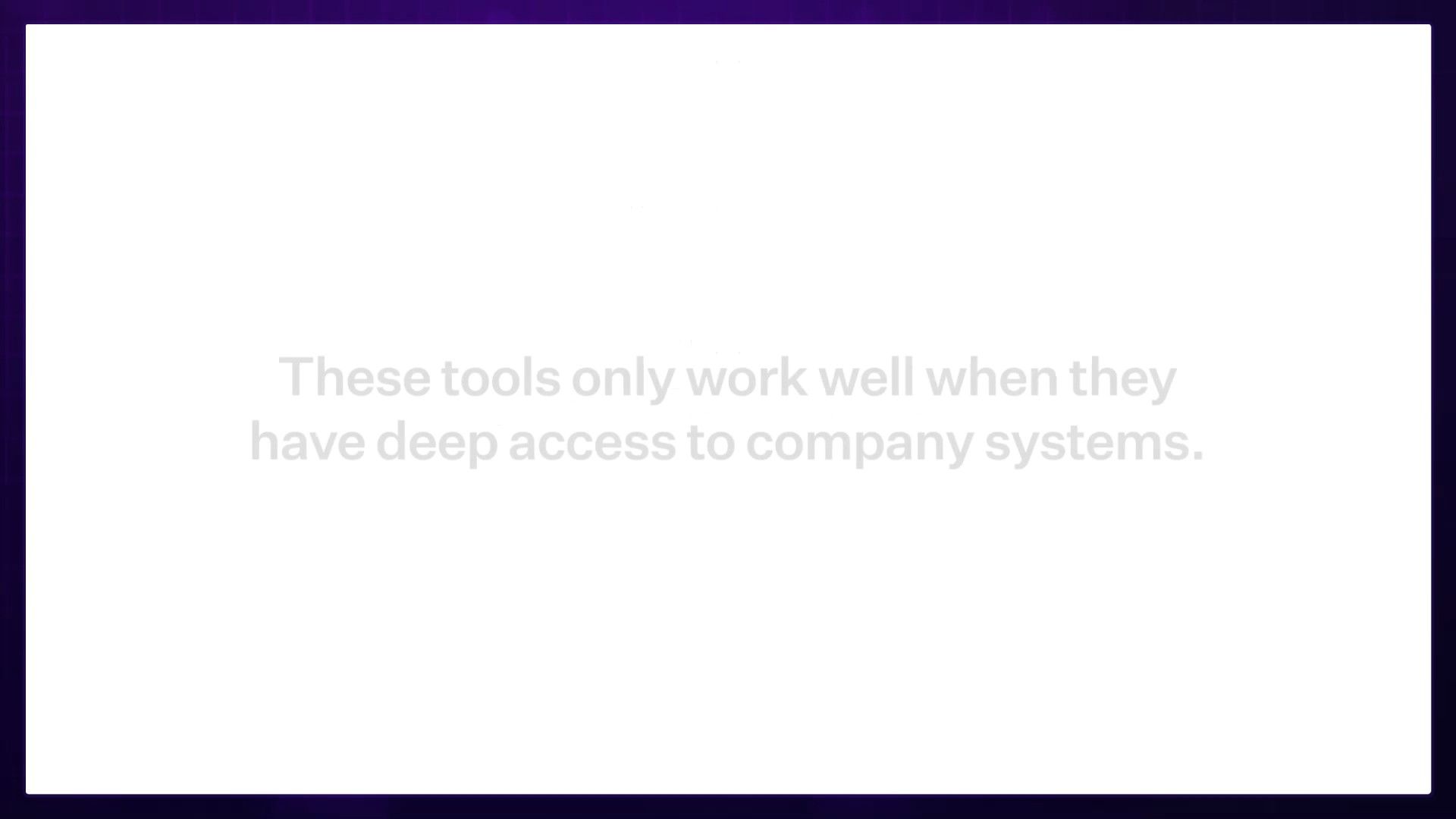 A retro-futuristic display shows internal documentation for chatbot best practices and internal search APIs, juxtaposed with a laptop requesting deep system access.