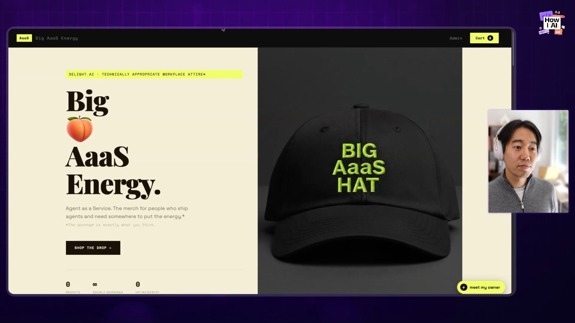 A mock-up website for 'Big AaaS Energy' merchandise is displayed, potentially as an example of an application interface or an internal tool, within a podcast discussion.
