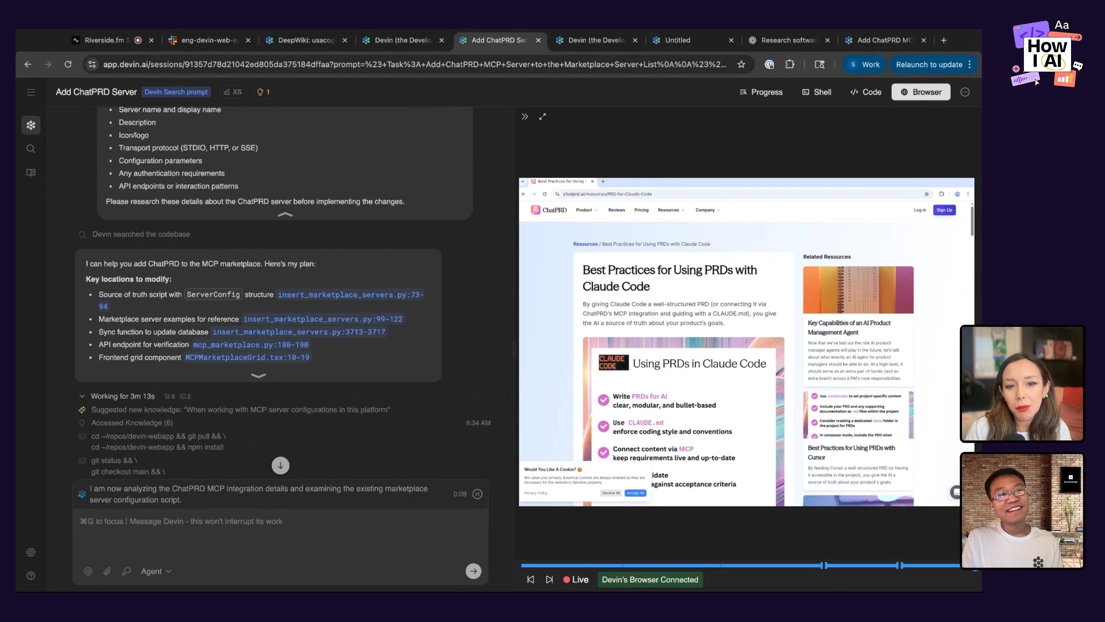 Debugging ChatPRD MCP Server Integration: A developer's walkthrough of integrating ChatPRD server into a marketplace, showing code, search queries, and documentation.