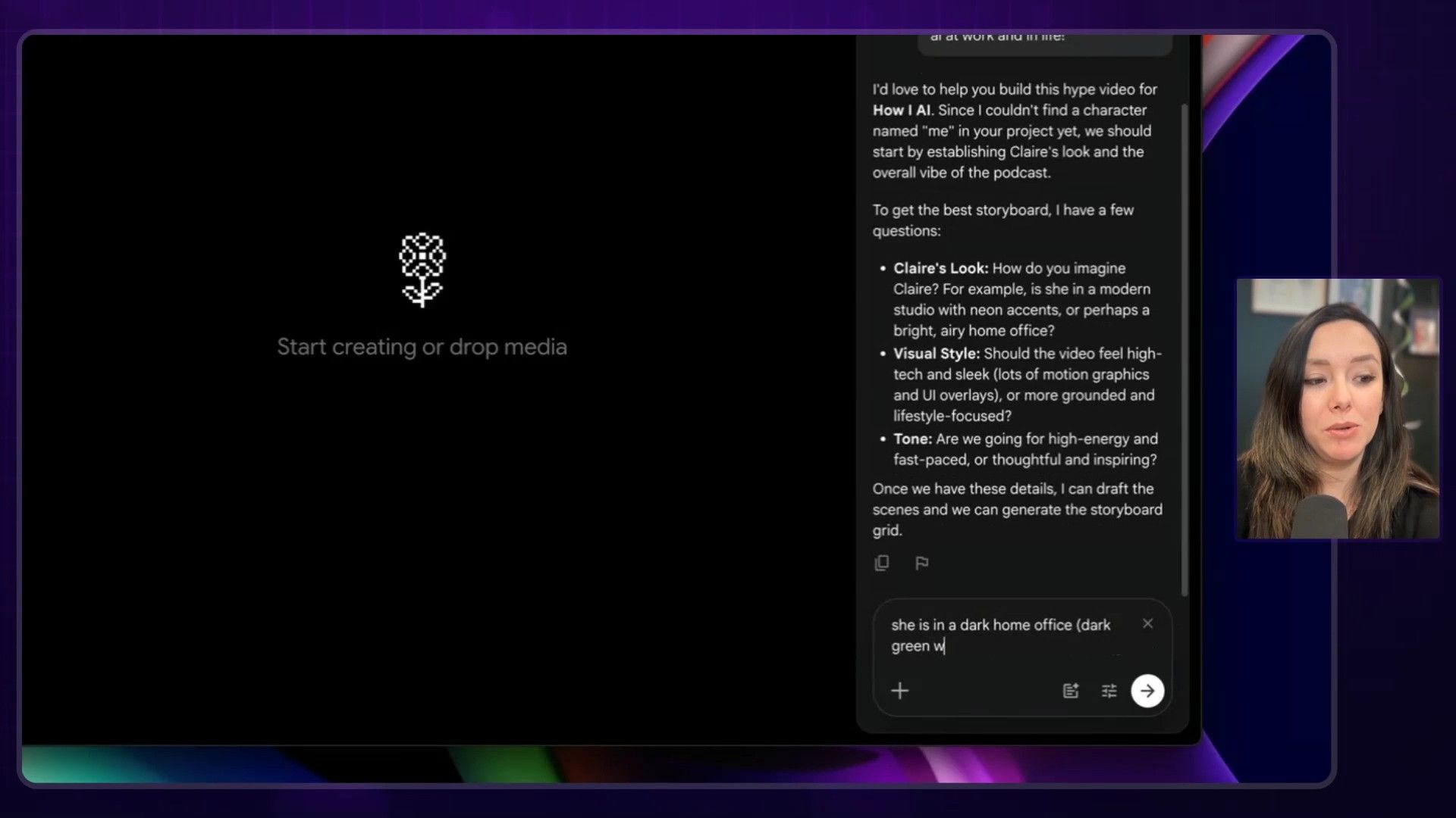An AI assistant's clarifying questions guiding the storyboard creation for a 'How I AI' video, demonstrating an interactive AI workflow for creative projects.