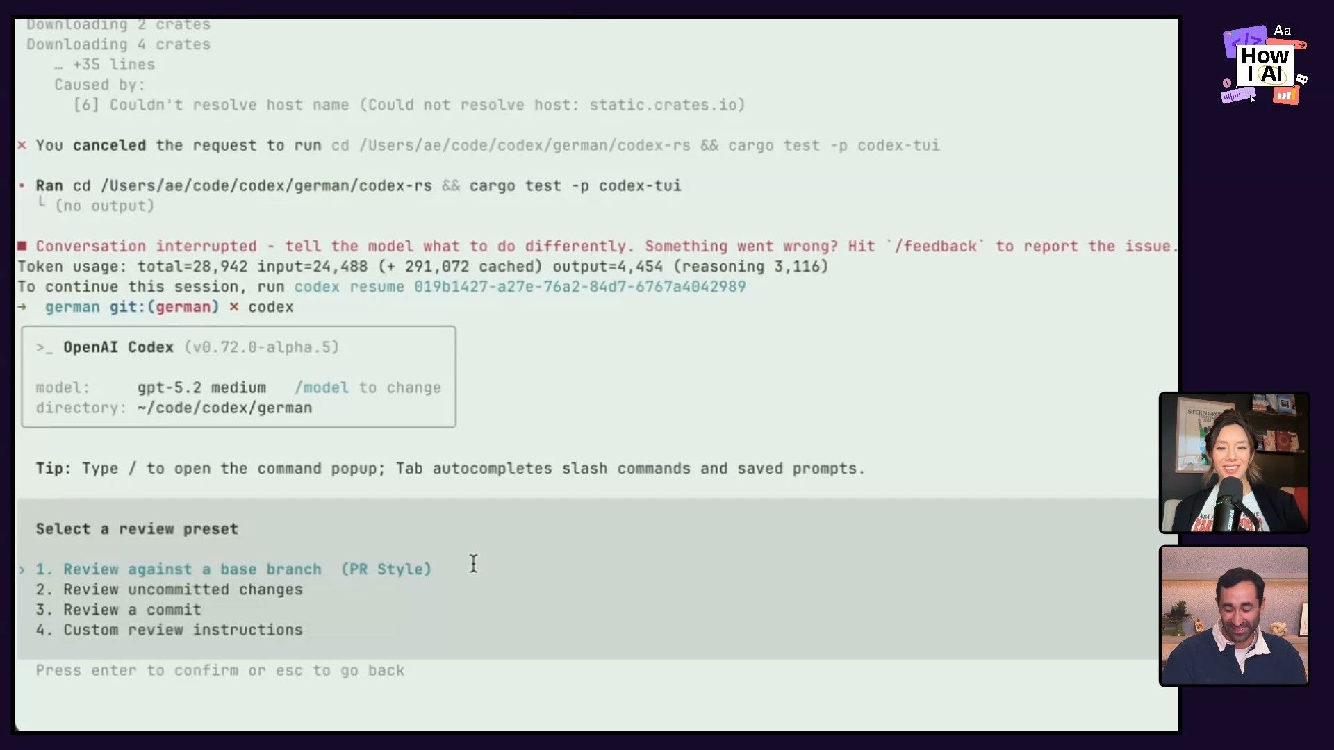 A technical demonstration of OpenAI Codex within a terminal, showing commands (e.g., `cargo test`, `git`), token usage statistics, and options for AI-assisted code review like 'PR Style' or 'Review uncommitted changes'. The interface also displays an error related to resolving a host and a 'conversation interrupted' message from the AI.