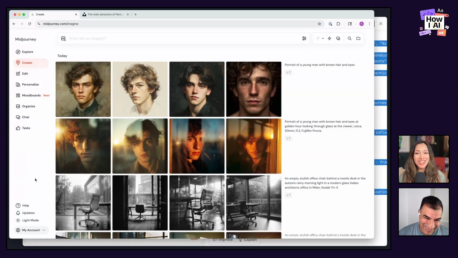 The Midjourney web interface showcasing various AI-generated images and their corresponding prompts, as discussed on the 'How I AI' podcast.
