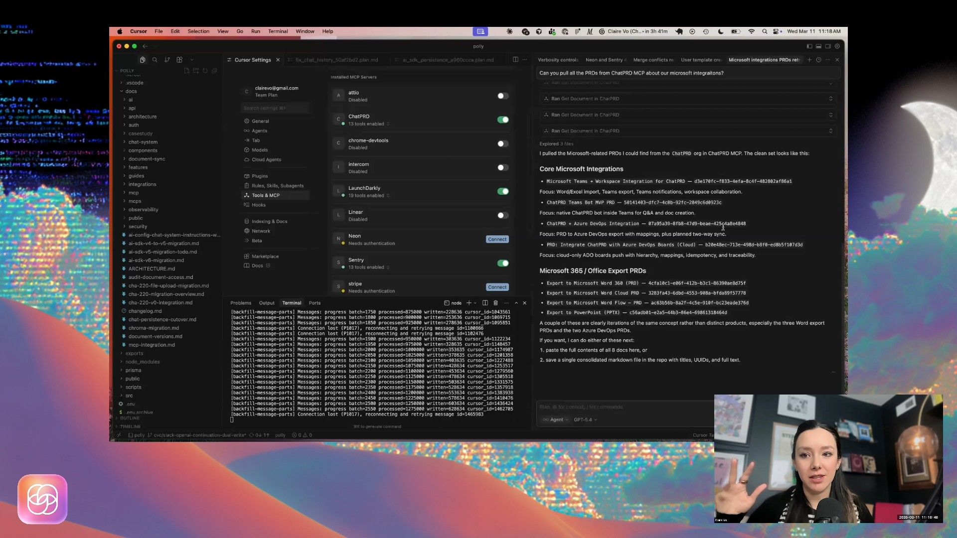 The Cursor IDE showcases its AI capabilities by generating a list of Microsoft integration PRDs from a 'ChatPRD MCP' query, displayed alongside active development settings and terminal logs, as a person reacts to the on-screen content.
