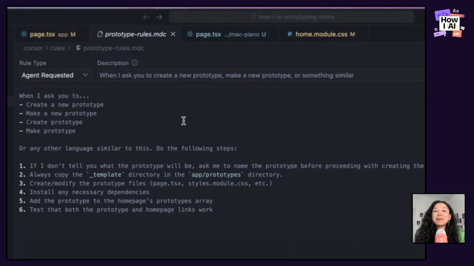 A detailed AI prompt defining 'prototype-rules' within an AI interface, illustrating how to set up specific triggers for creating new prototypes and an example task for a 'mac-piano' emulation.