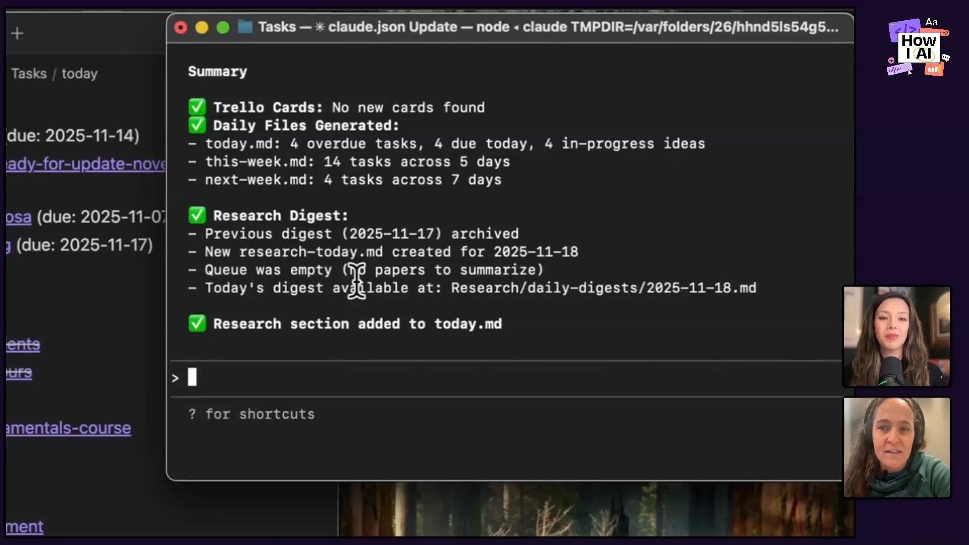 A detailed screenshot of an Obsidian workspace showing a daily task list, alongside a terminal window displaying a summary generated by a Node.js script that processes Trello cards, creates daily files, and manages research digests. A secondary terminal provides file system details, illustrating an integrated productivity workflow.